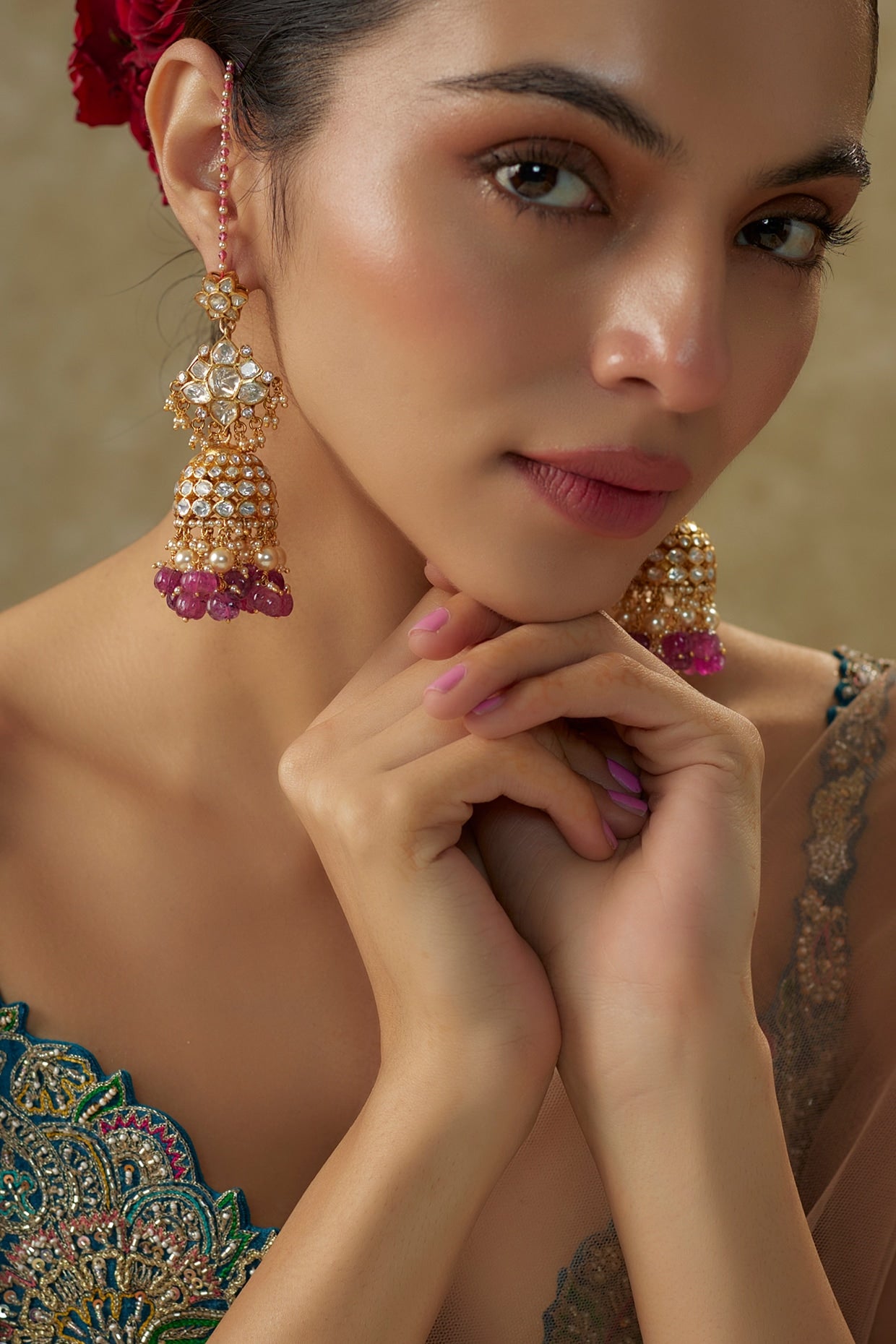 Gold Plated Moissanite Polki & Red Kharbuja Stone Jhumka Earrings In Sterling Silver