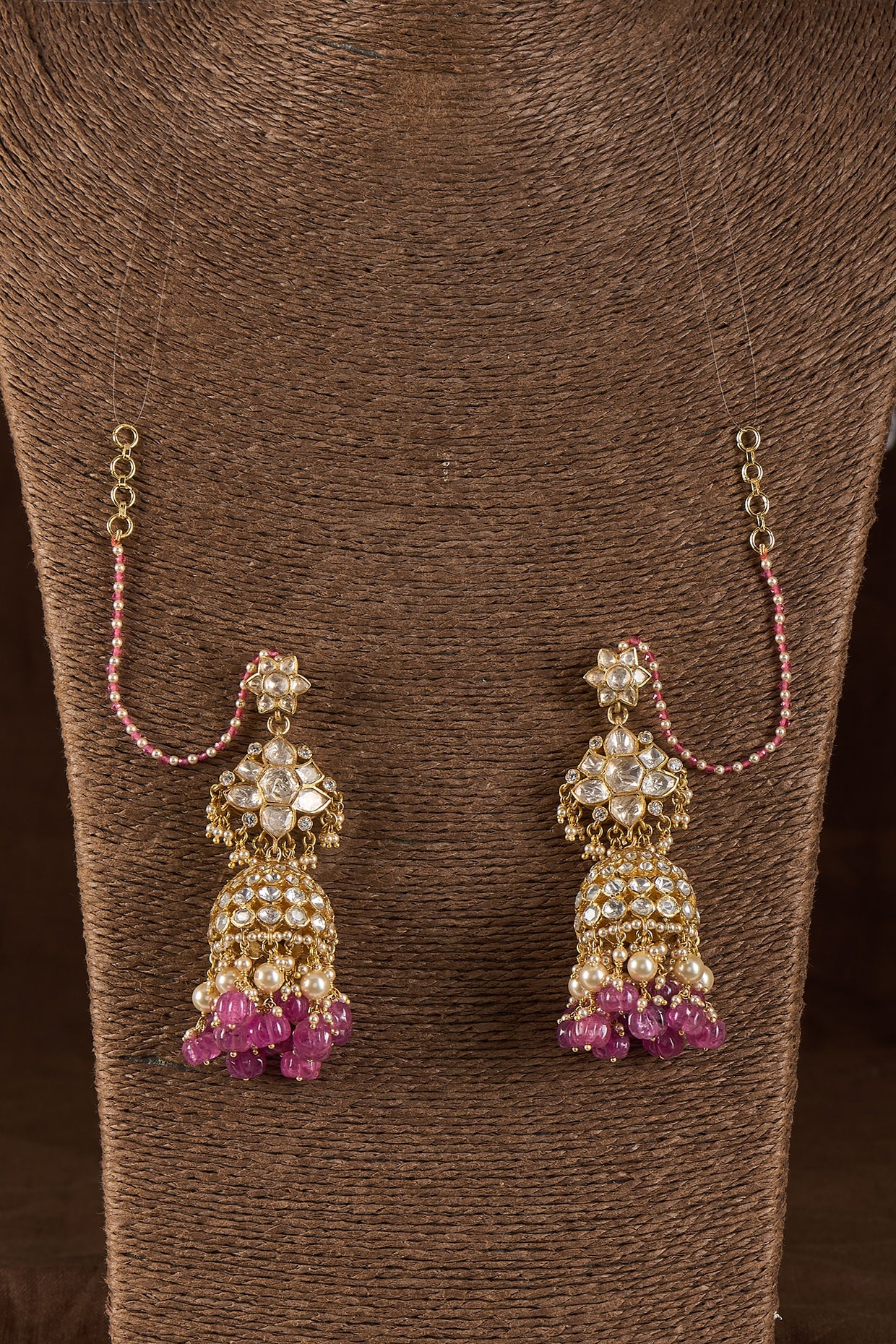 Gold Plated Moissanite Polki & Red Kharbuja Stone Jhumka Earrings In Sterling Silver