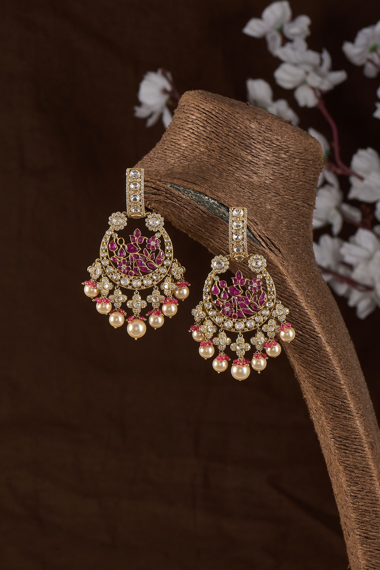 Gold Plated Moissanite Polki & Red Quartz Chandbali Earrings In Sterling Silver