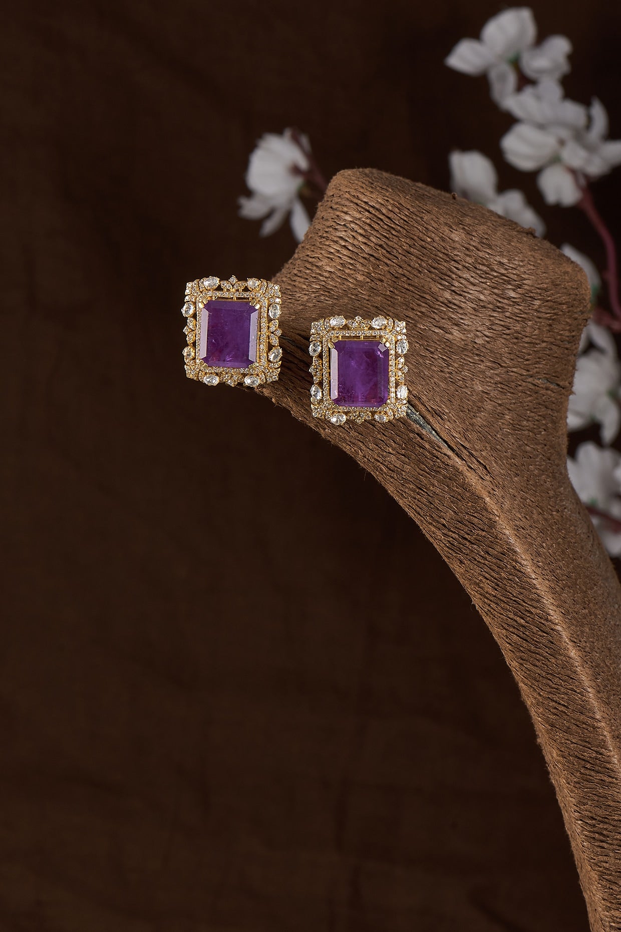 Gold Plated Moissanite & Amethyst Doublet Stone Stud Earrings In Sterling Silver