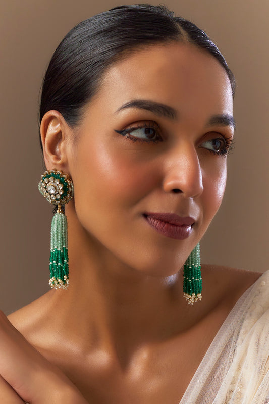 Gold Plated Moissanite Polki & Green Onyx Dangler Earrings In Sterling Silver