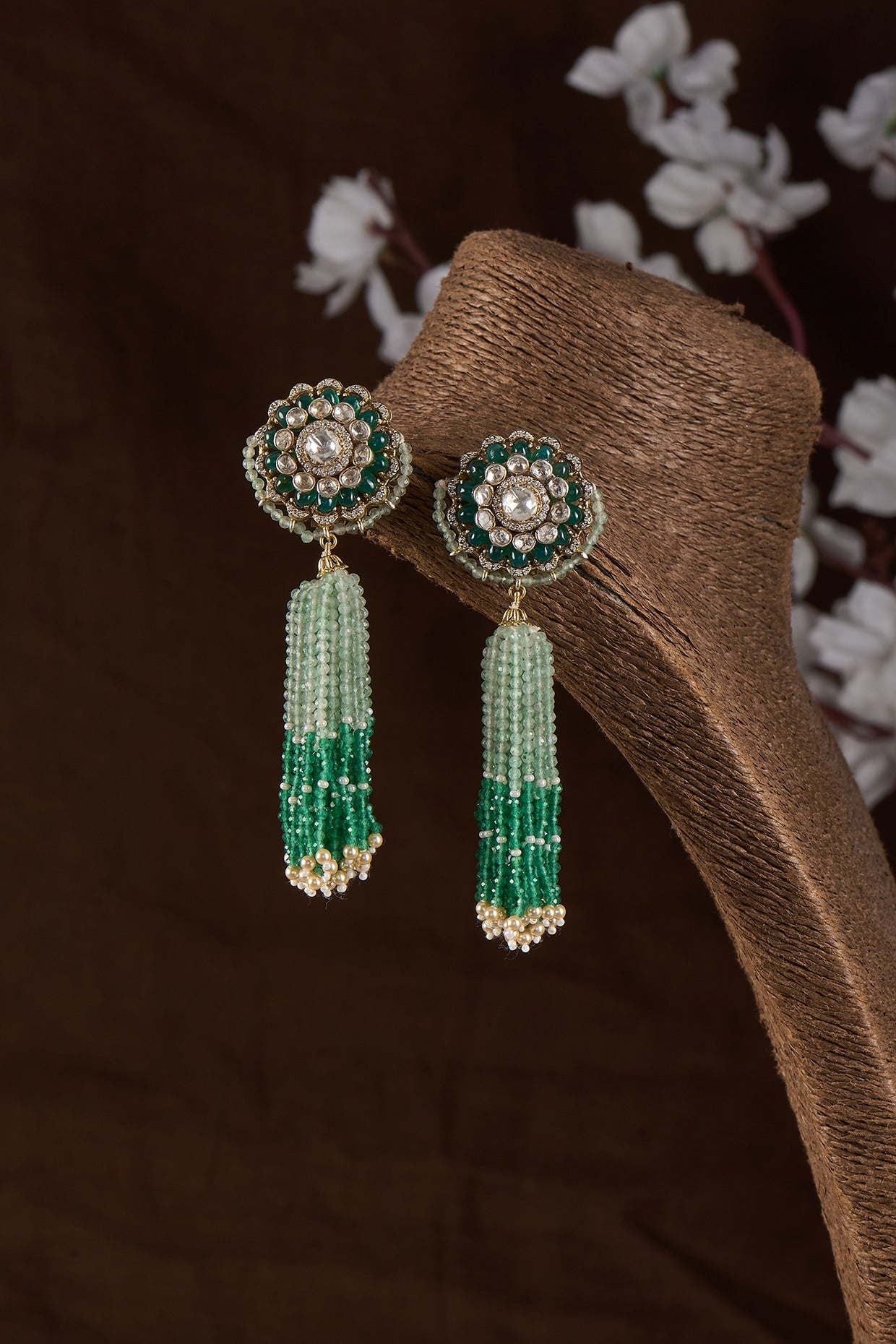 Gold Plated Moissanite Polki & Green Onyx Dangler Earrings In Sterling Silver