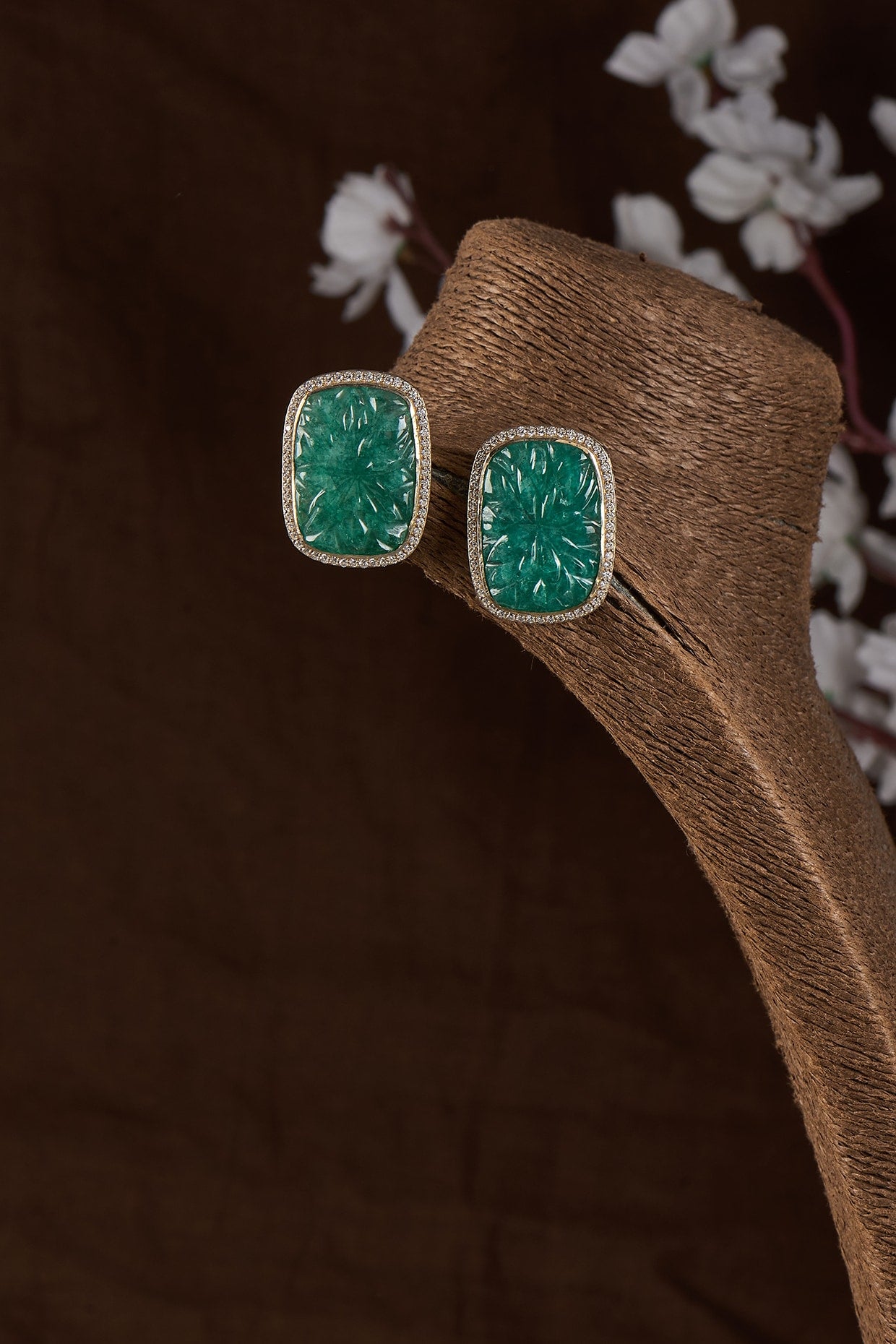 Gold Plated Moissanite Polki & Green Onyx Stud Earrings In Sterling Silver