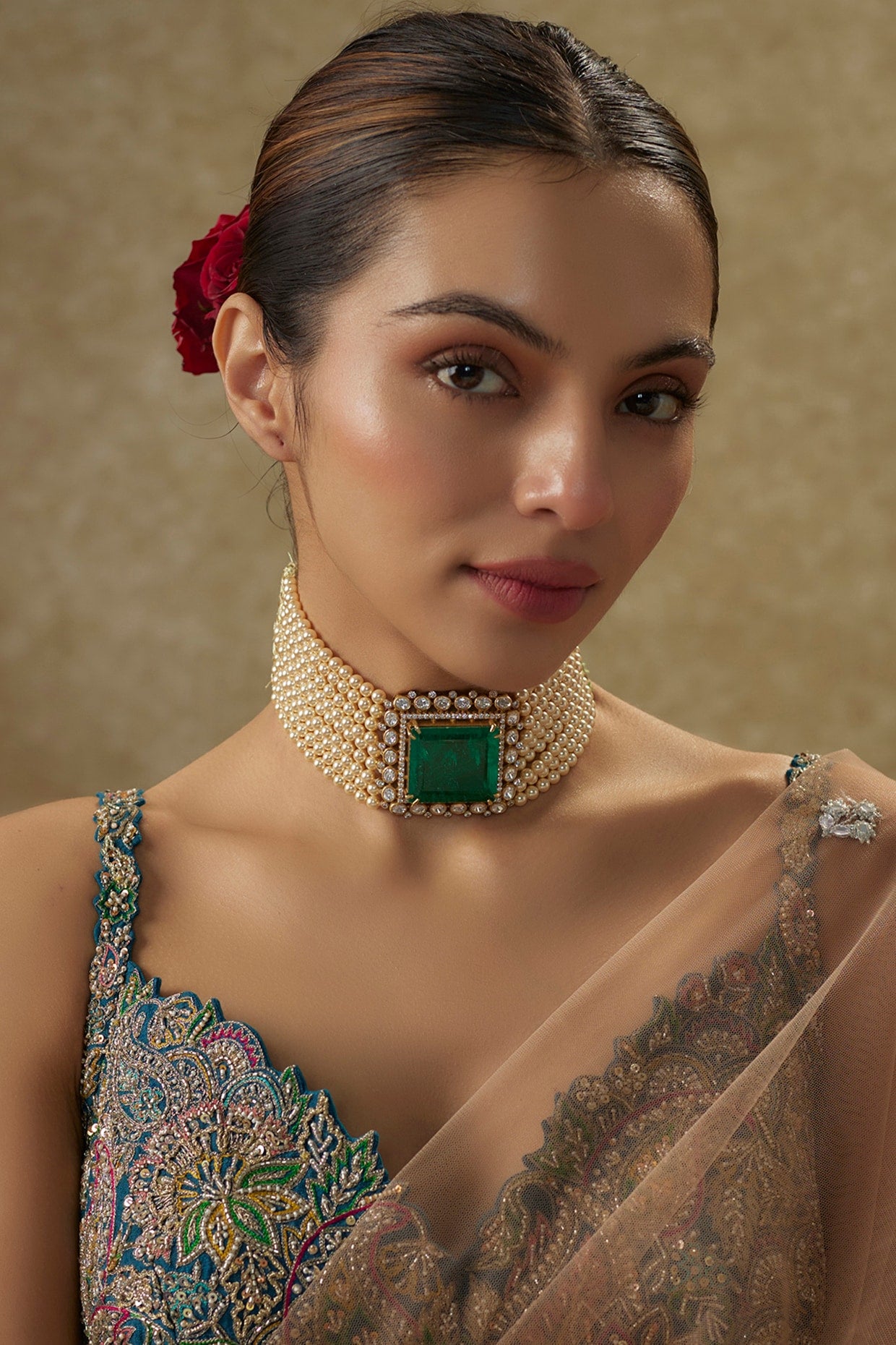 Gold Plated Moissanite Polki & Emerald Doublet Stone Choker Necklace In Sterling Silver