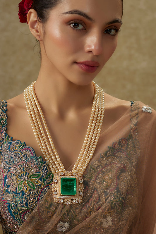 Gold Plated Moissanite Polki & Emerald Doublet Stone Long Necklace In Sterling Silver