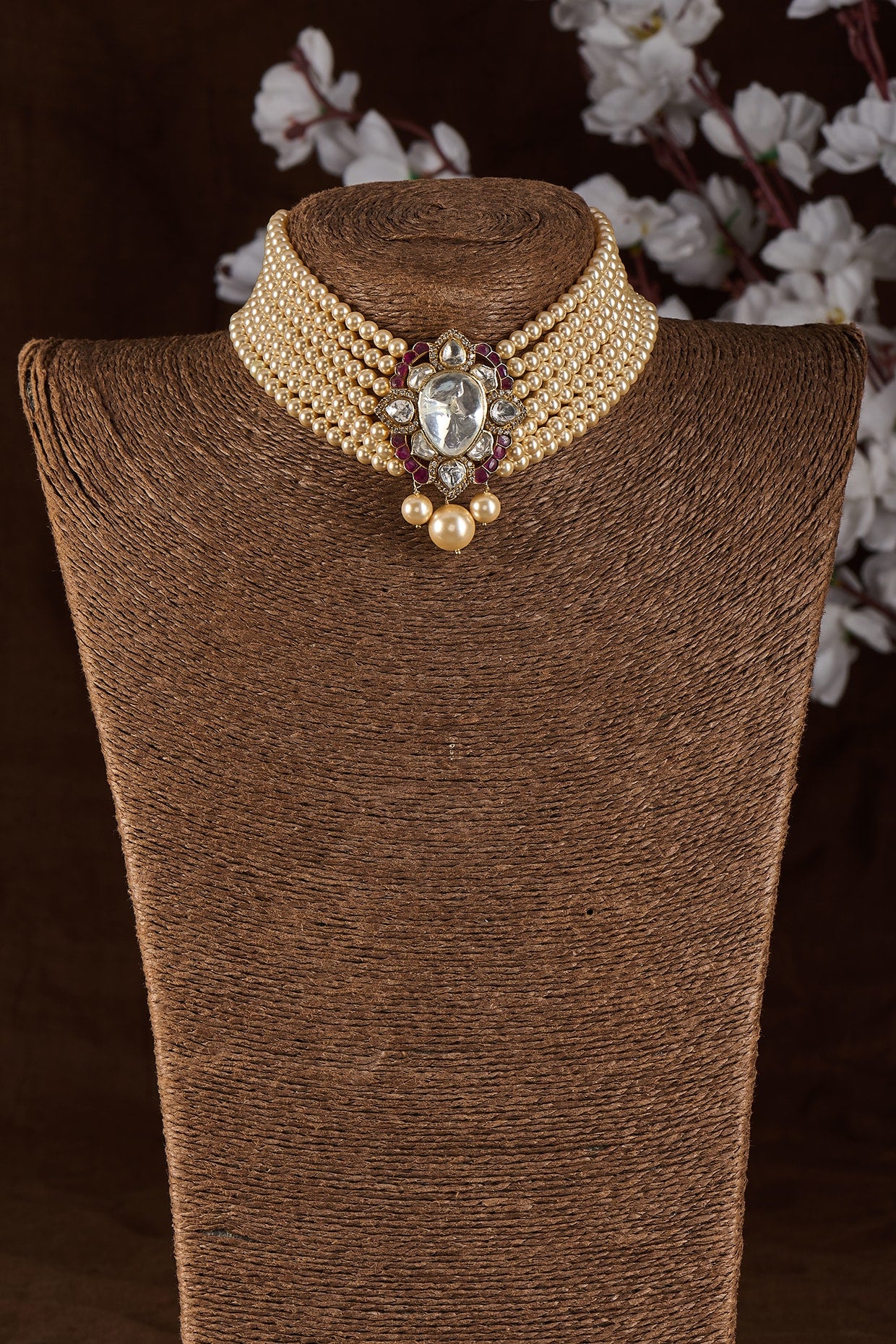 Gold Plated Moissanite Polki & Hand-Cut Red Quartz Choker Necklace In Sterling Silver