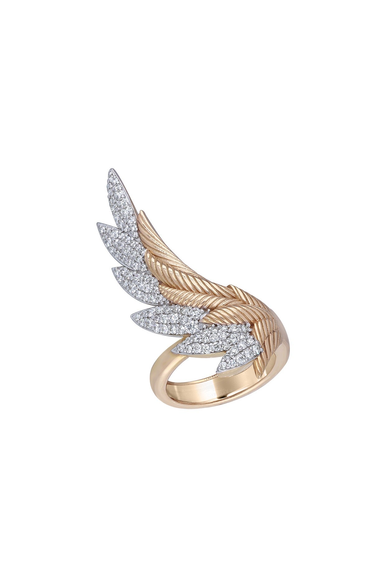 18 Kt Yellow Gold Full Cut Diamond Snigle Winged Textured Ring