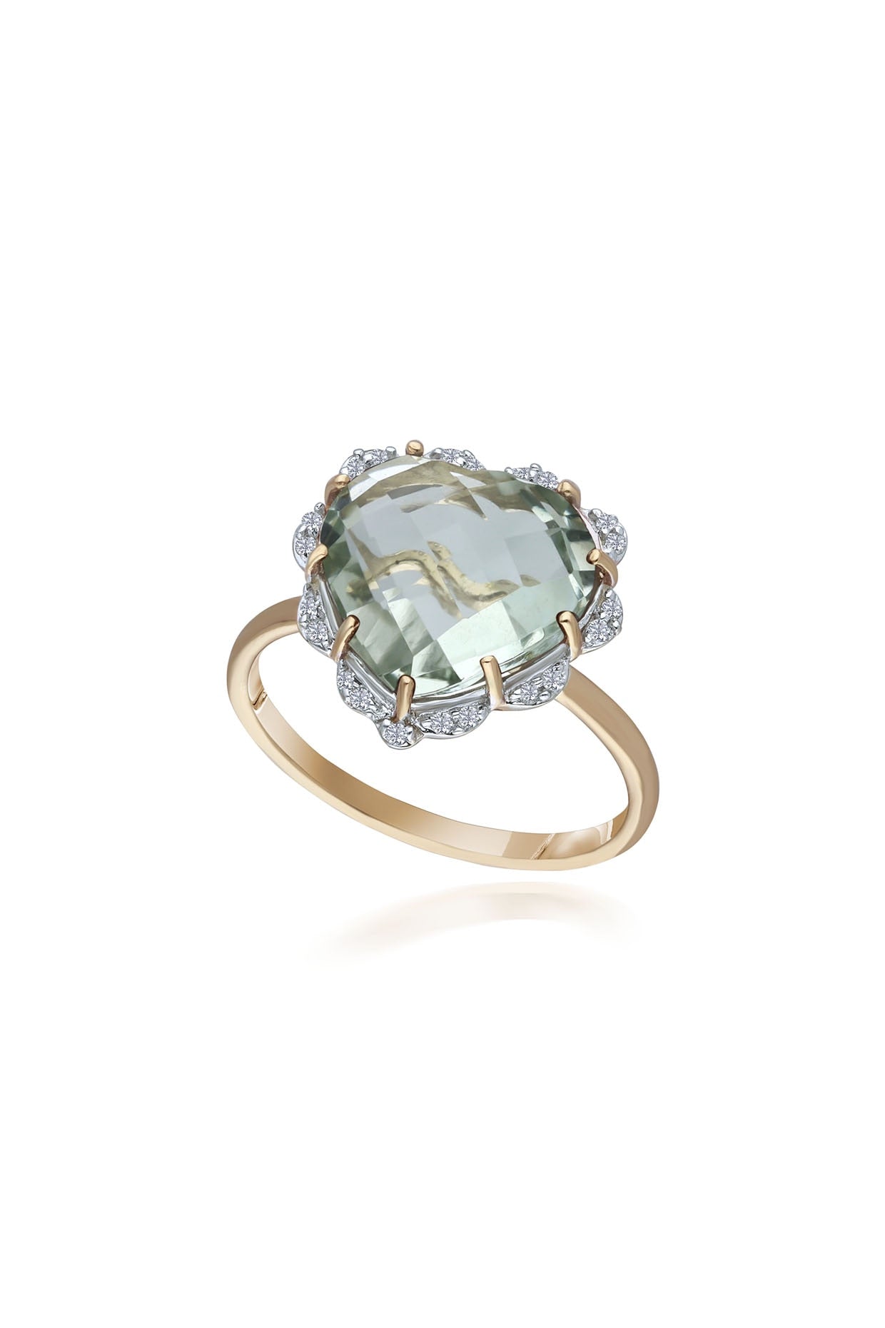 14 Kt Yellow Gold Heart Ring With Green Amethyst