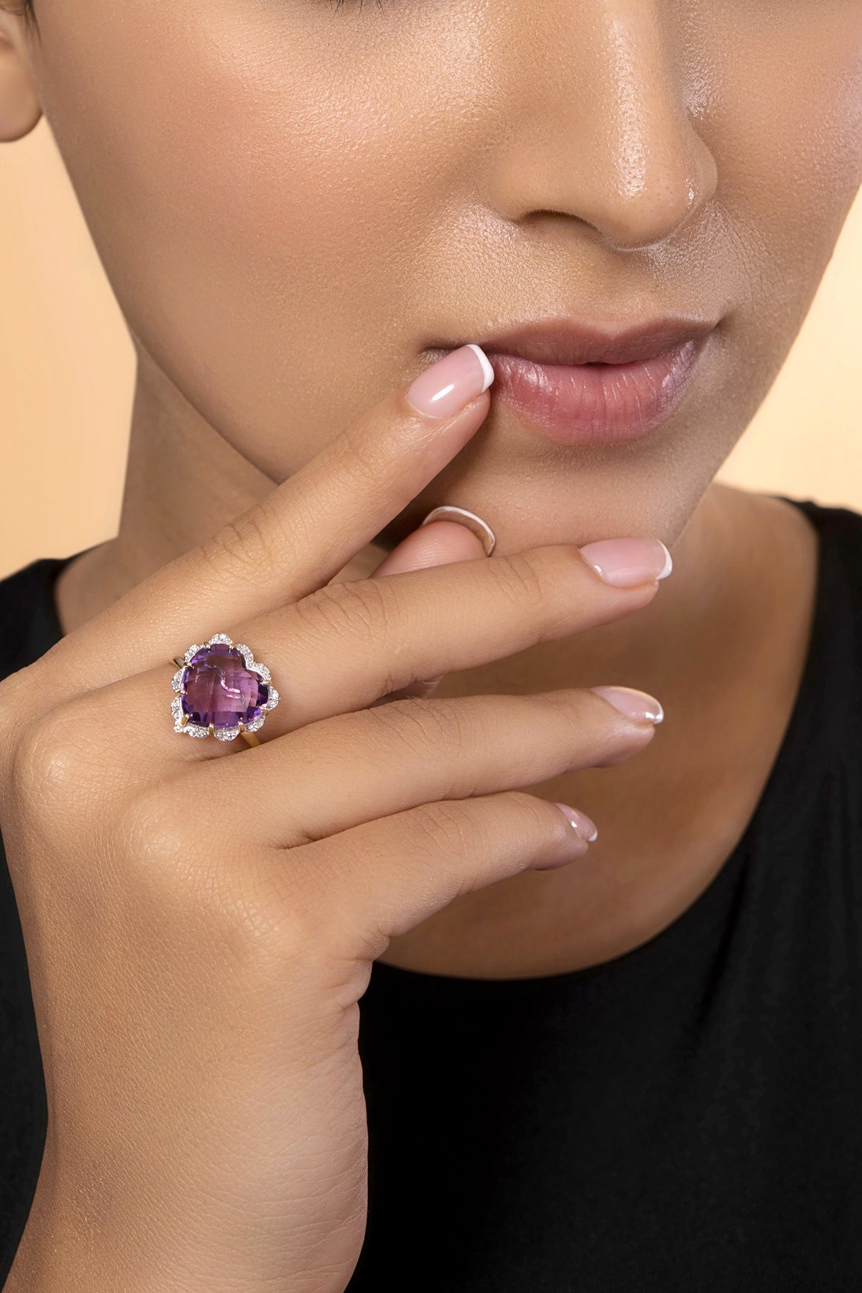 14 Kt Yellow Gold Heart Ring With Purple Amethyst