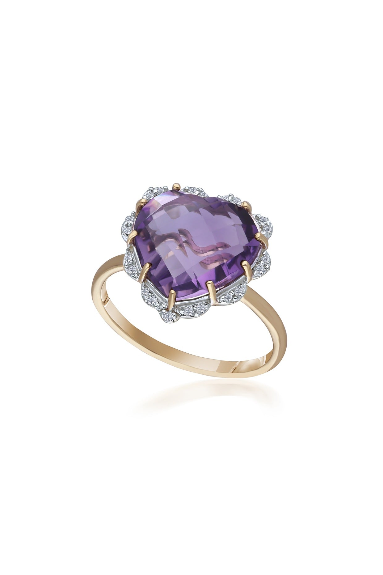 14 Kt Yellow Gold Heart Ring With Purple Amethyst