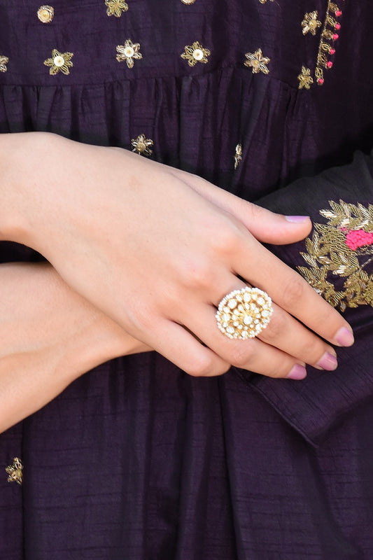 Gold Finish Kundan Polki Ring In Sterling Silver