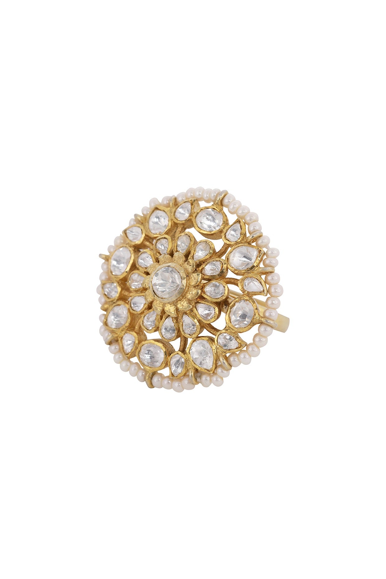 Gold Finish Kundan Polki Ring In Sterling Silver