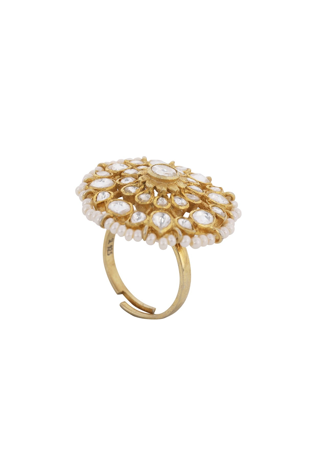 Gold Finish Kundan Polki Ring In Sterling Silver