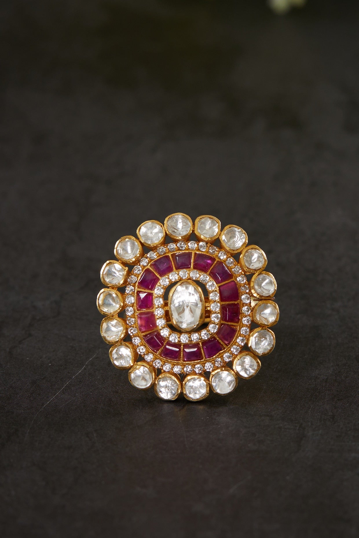 Gold Plated Kundan Polki Oval Ring In Sterling Silver