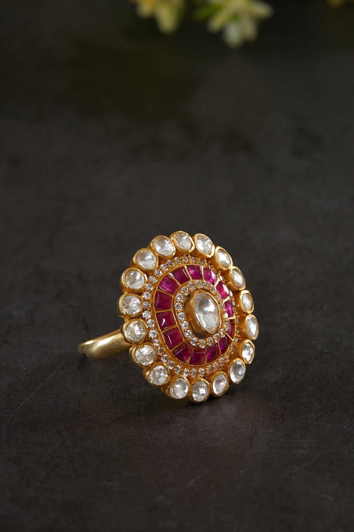 Gold Plated Kundan Polki Oval Ring In Sterling Silver