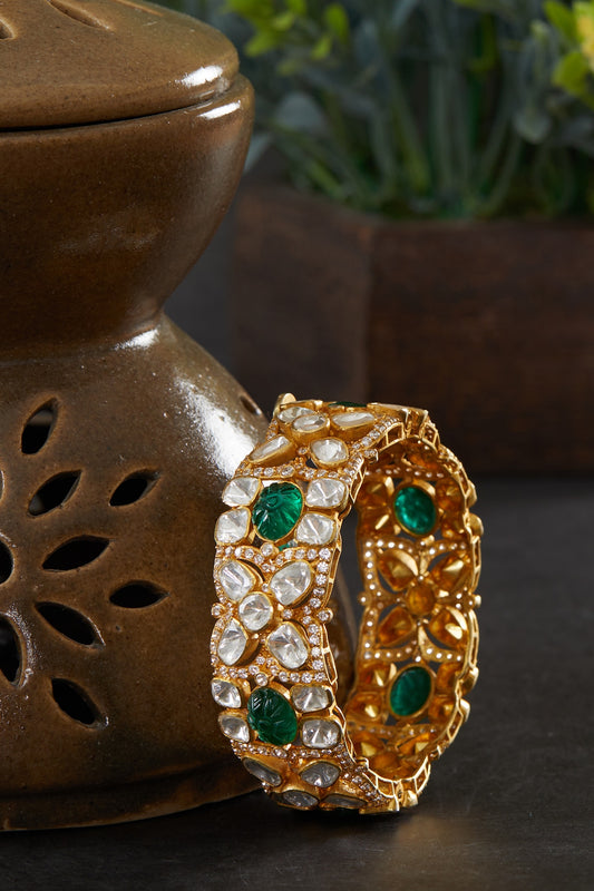 Gold Plated Green Moissanite Polki Kada In Sterling Silver