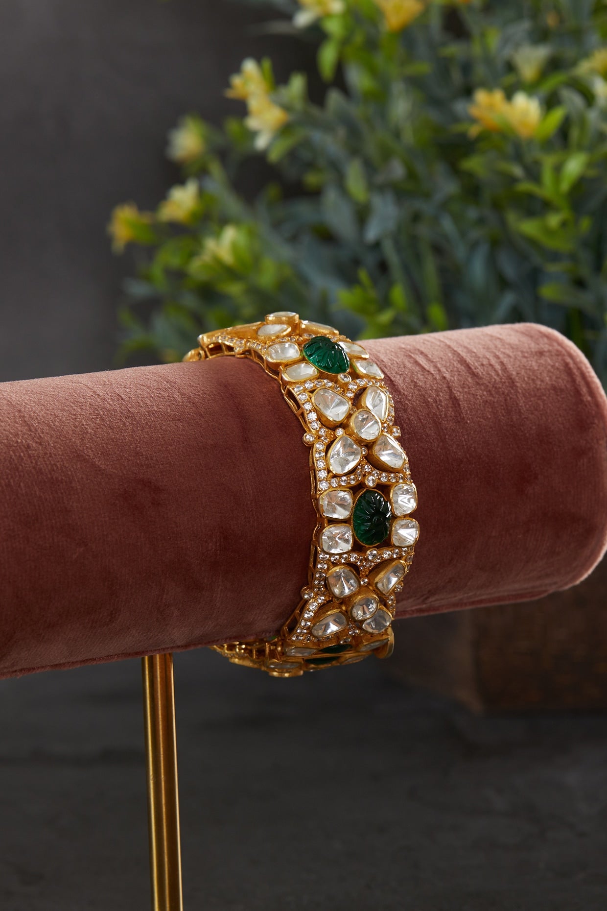 Gold Plated Green Moissanite Polki Kada In Sterling Silver