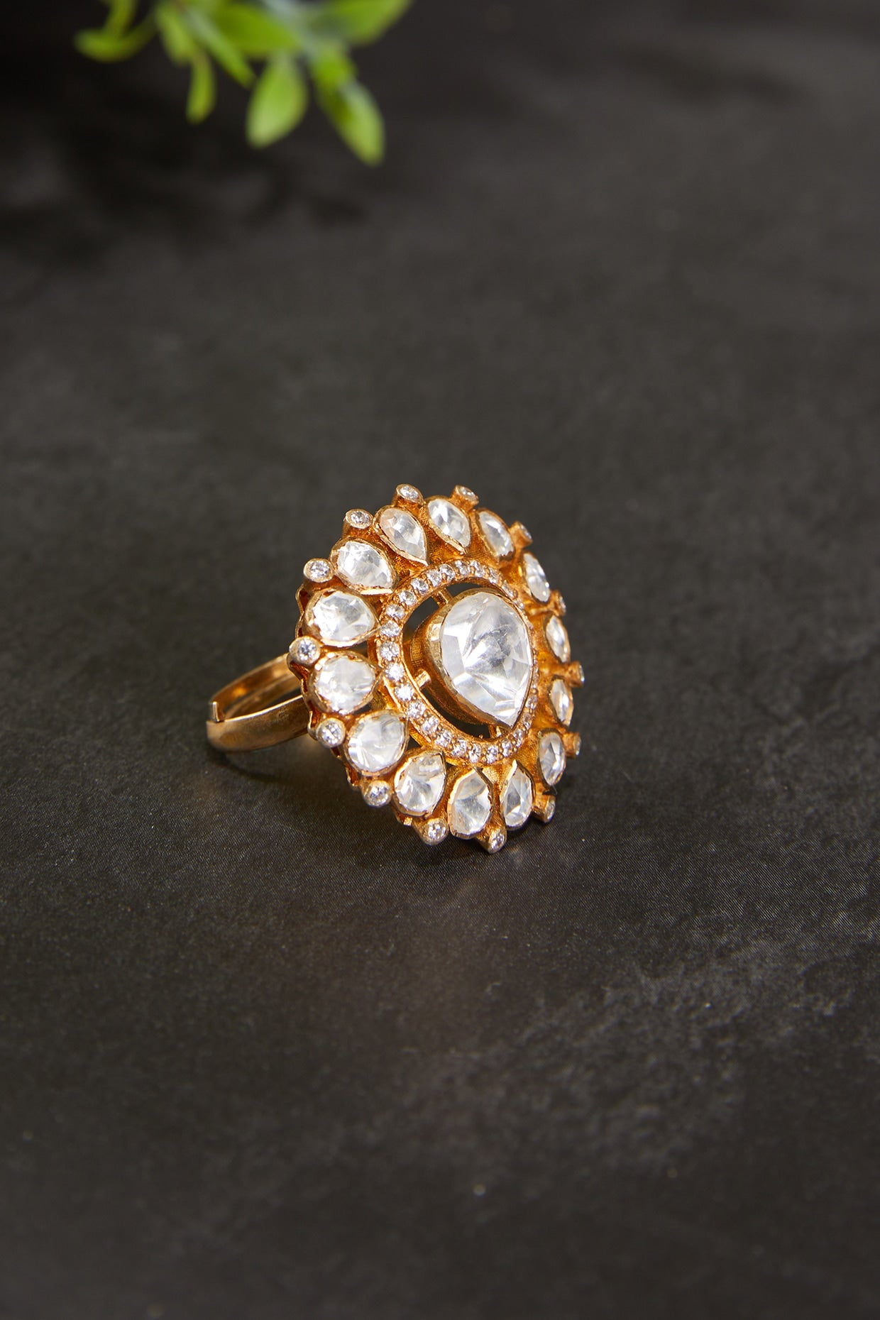 Gold Plated Kundan Polki Triangular Motif Ring In Sterling Silver