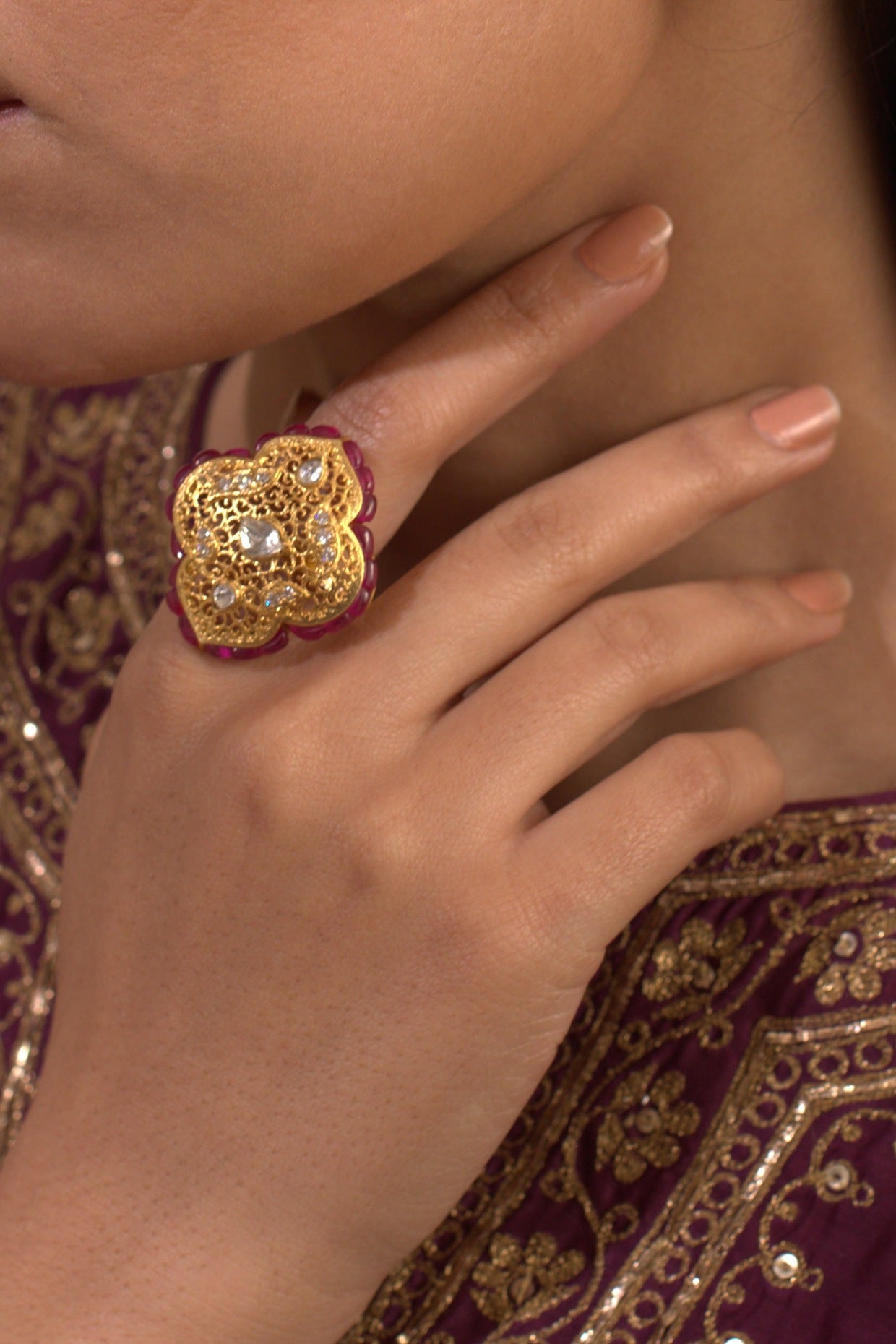 Gold Plated Polki & Ruby Ring