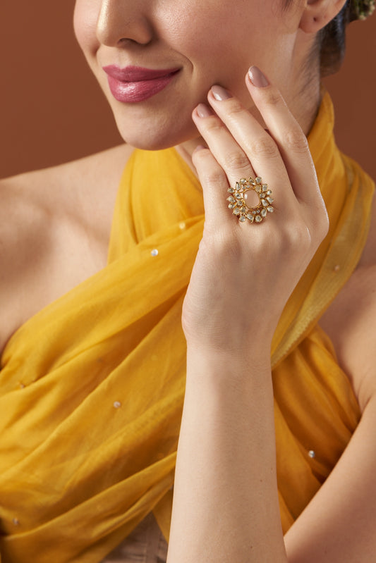 Gold Finish Rose Quartz Ring In Sterling Silver