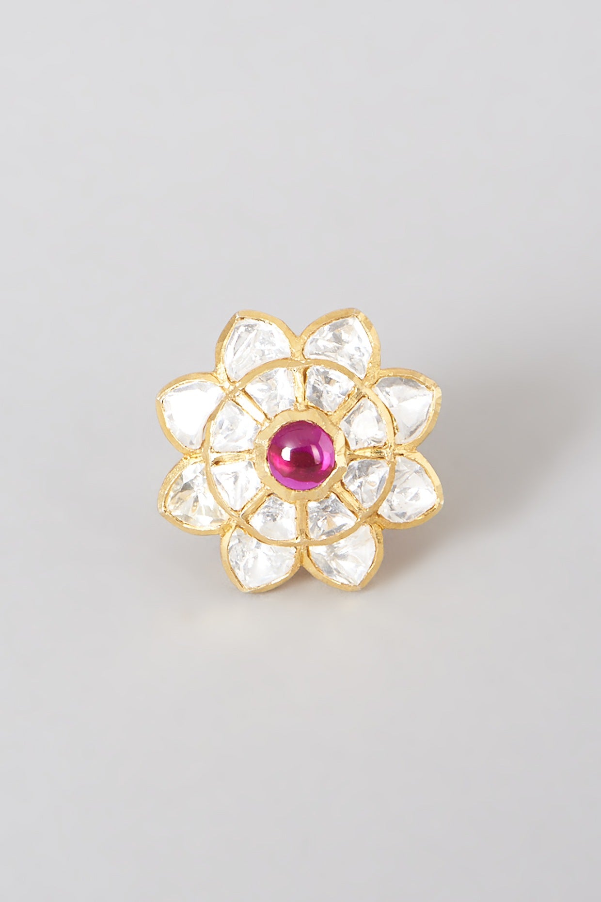 Gold Finish Kundan Polki Ring In Sterling Silver