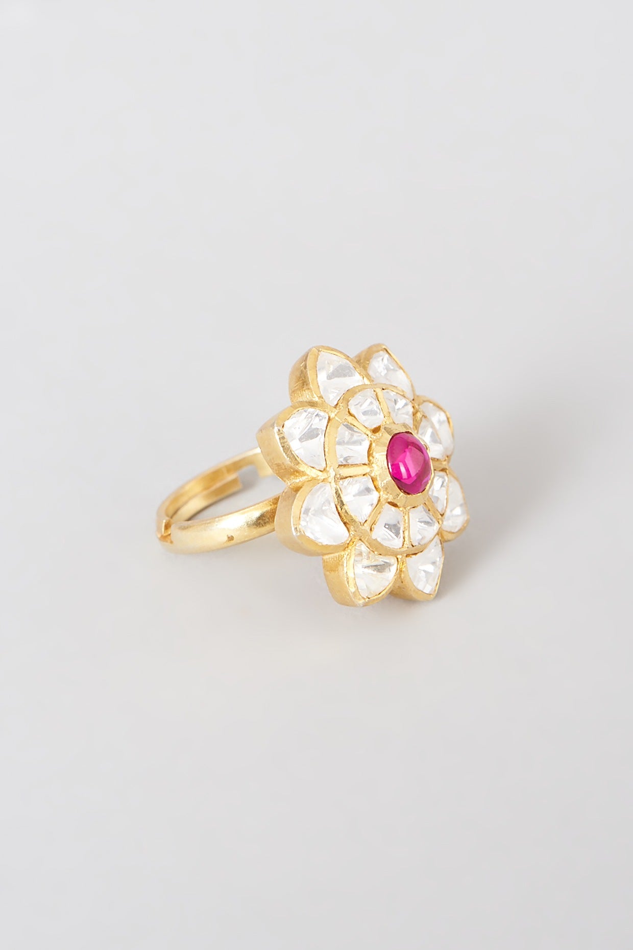 Gold Finish Kundan Polki Ring In Sterling Silver