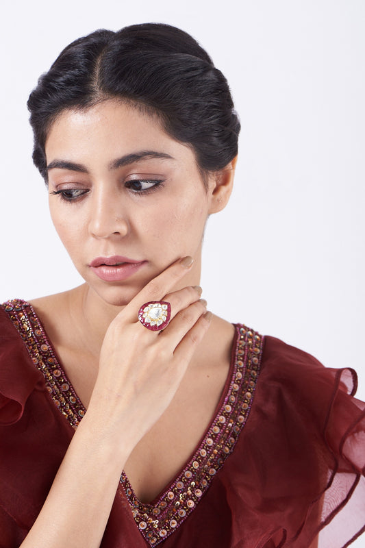 Gold Finish Semi Precious Ruby Ring In Sterling Silver