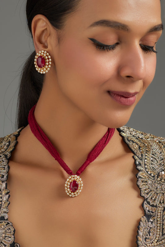 Gold Plated Red Kundan Polki Necklace Set In Sterling Silver