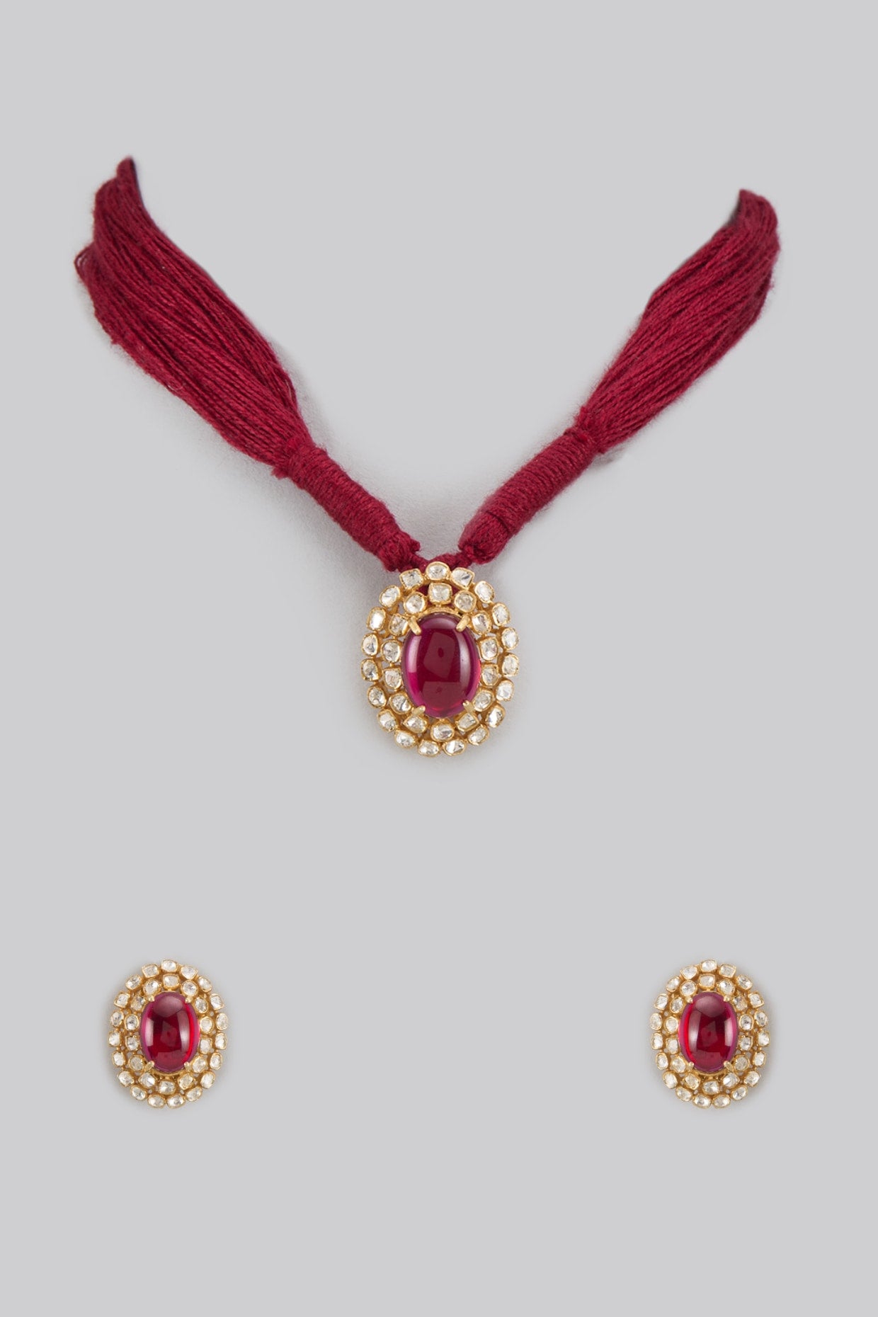 Gold Plated Red Kundan Polki Necklace Set In Sterling Silver