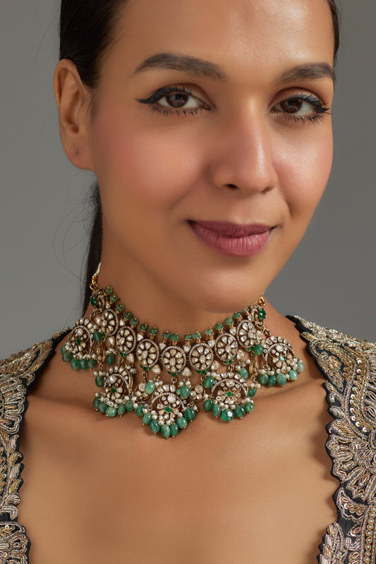 Black Rhodium Plated Green Beaded & Kundan Polki Necklace In Sterling Silver