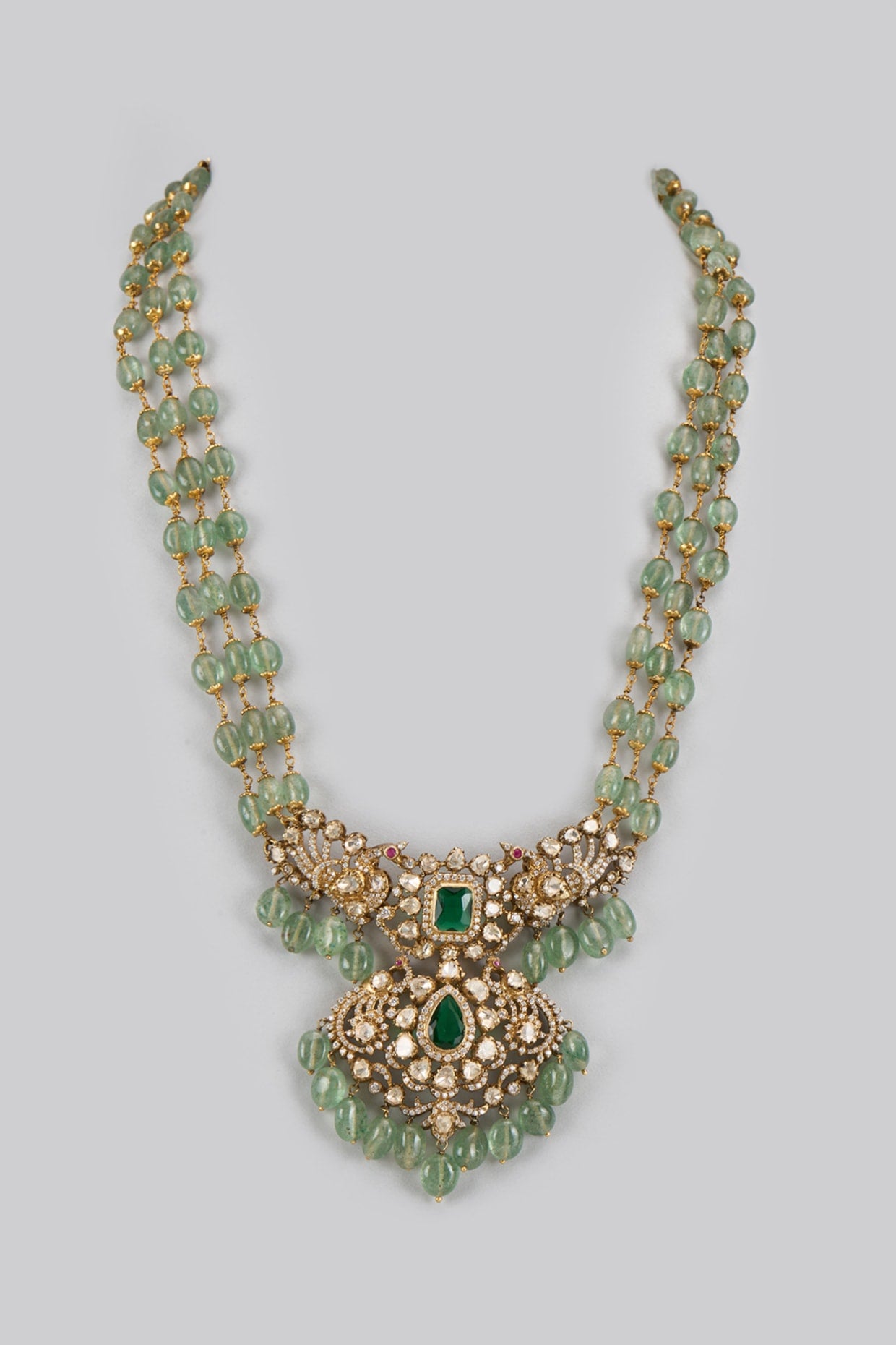 Black Rhodium Plated Green Beaded & Kundan Polki Necklace In Sterling Silver