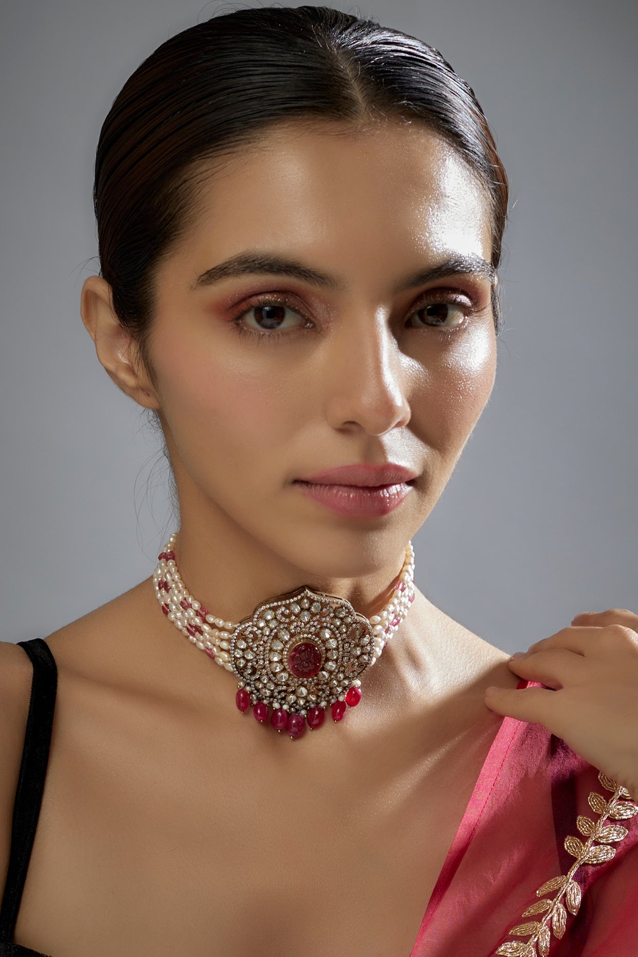 Black Rhodium Plated Red Beaded & Kundan Polki Necklace In Sterling Silver