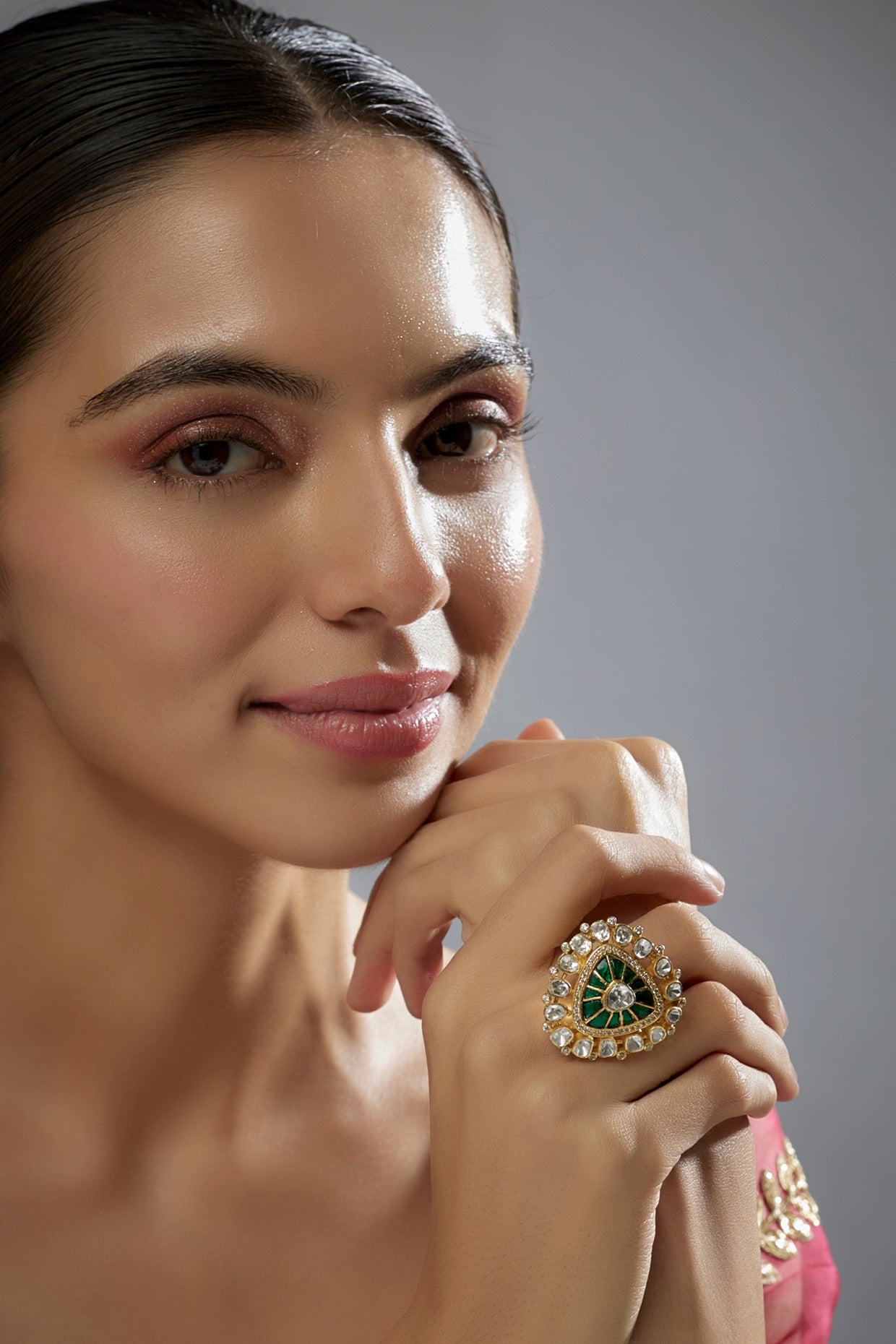 Gold Plated Green Kundan Polki Ring In Sterling Silver