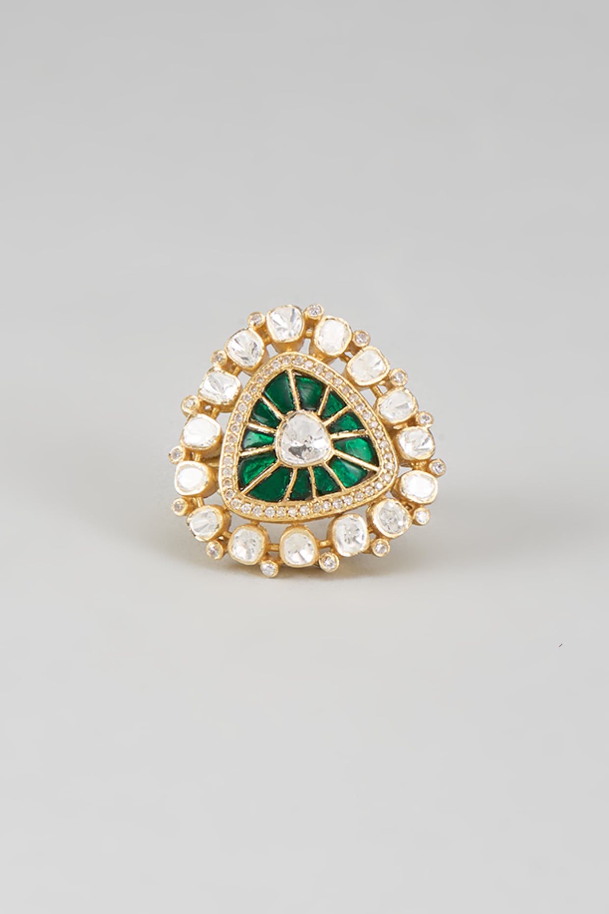 Gold Plated Green Kundan Polki Ring In Sterling Silver