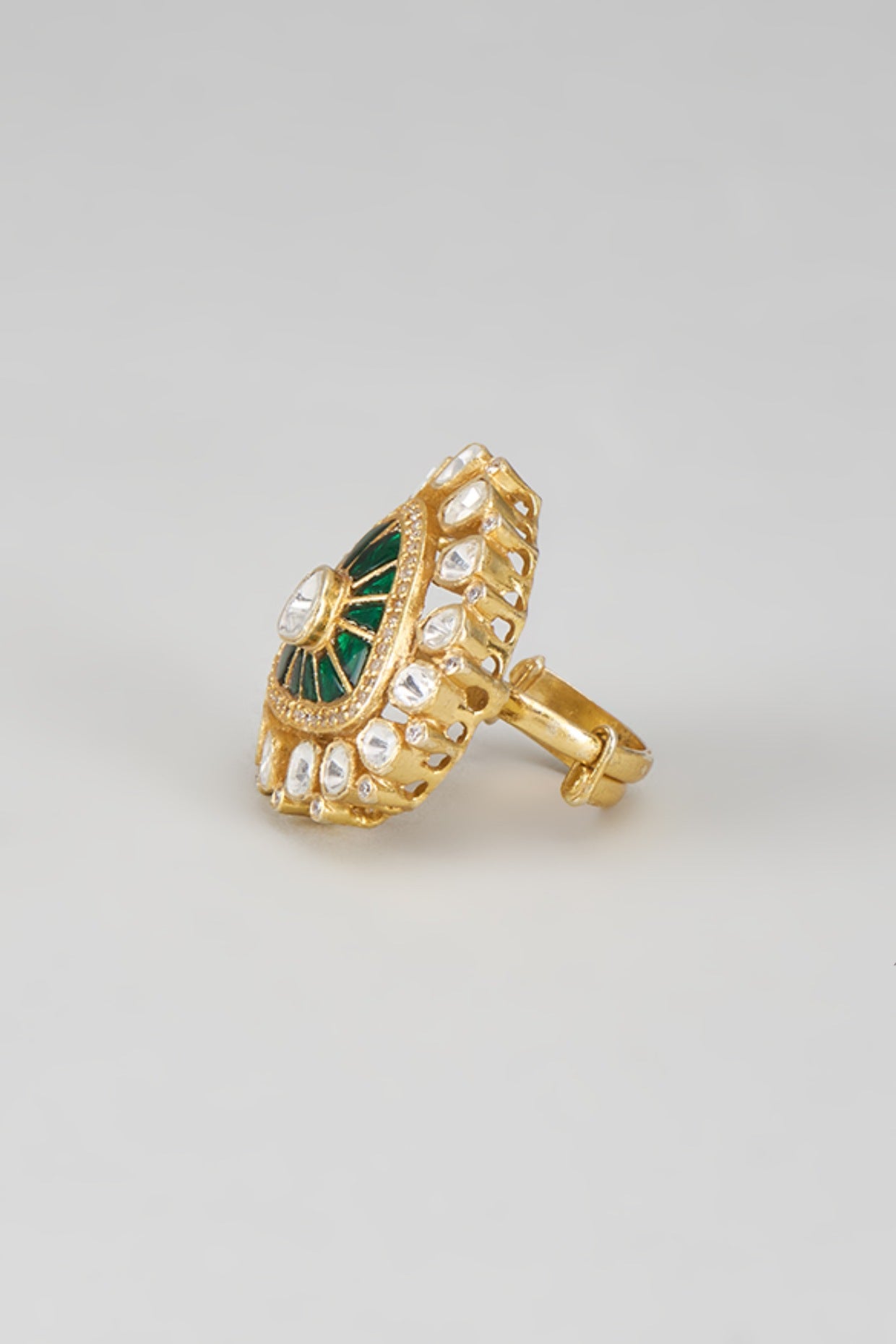 Gold Plated Green Kundan Polki Ring In Sterling Silver