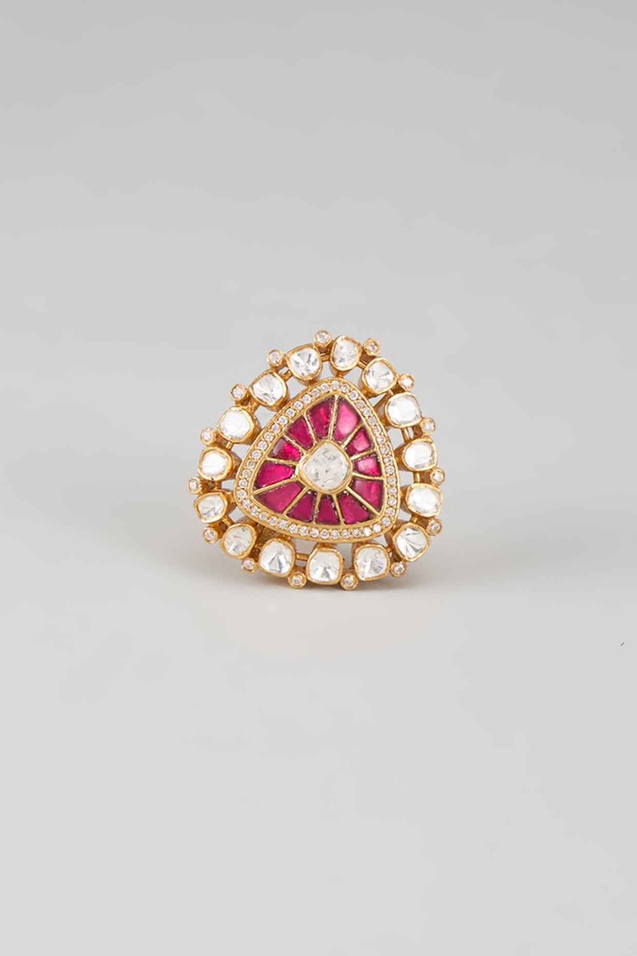 Gold Plated Red Kundan Polki Ring In Sterling Silver