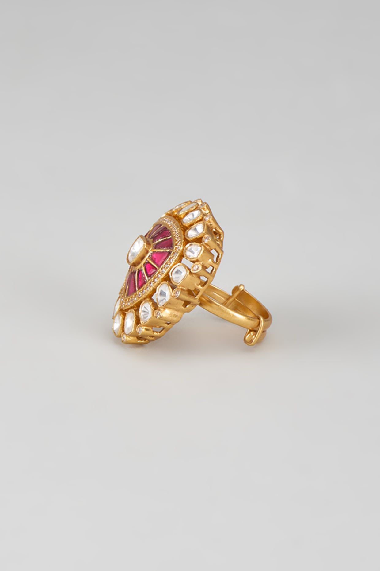 Gold Plated Red Kundan Polki Ring In Sterling Silver