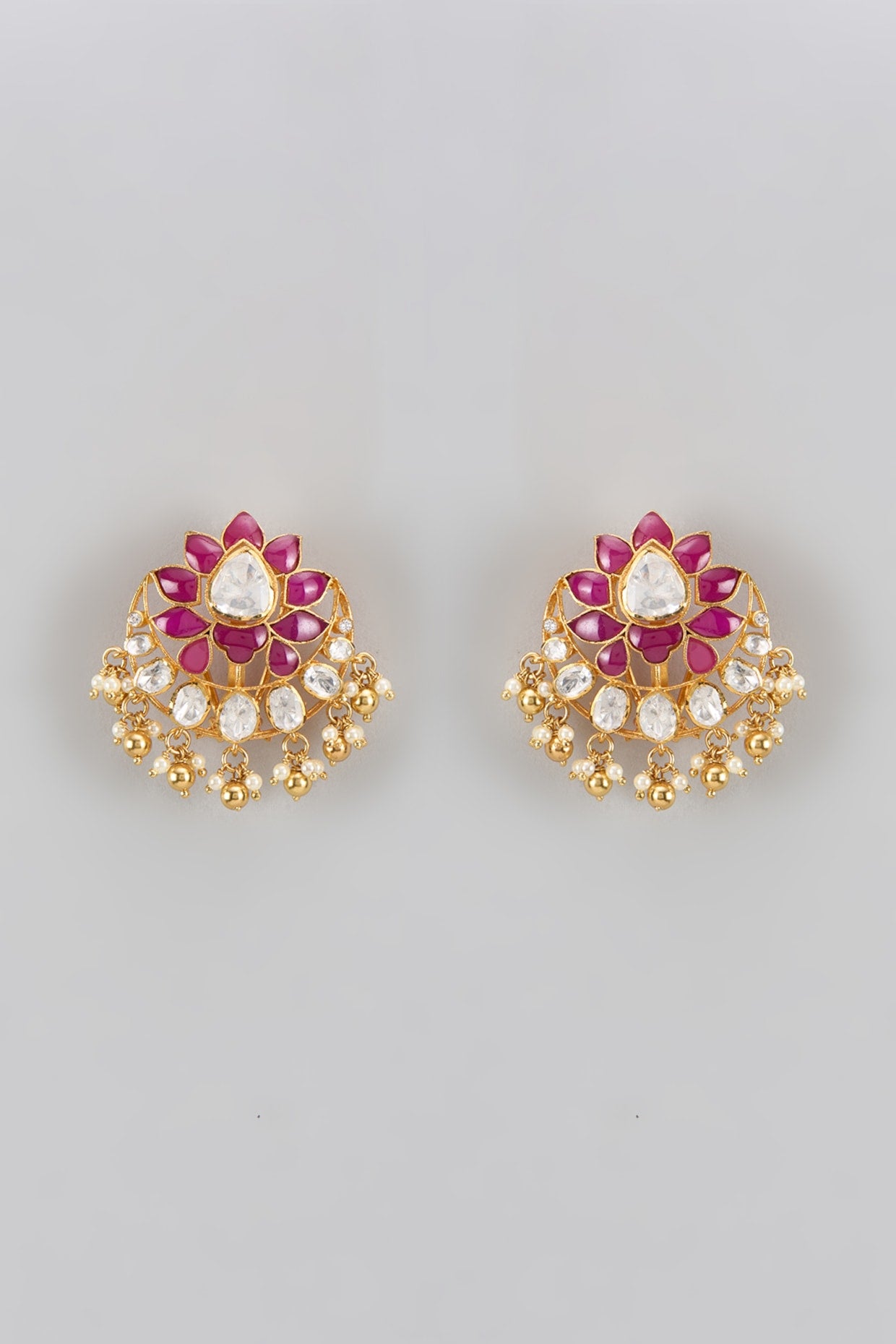 Gold Plated Red Moissanite Polki Dangler Earrings In Sterling Silver