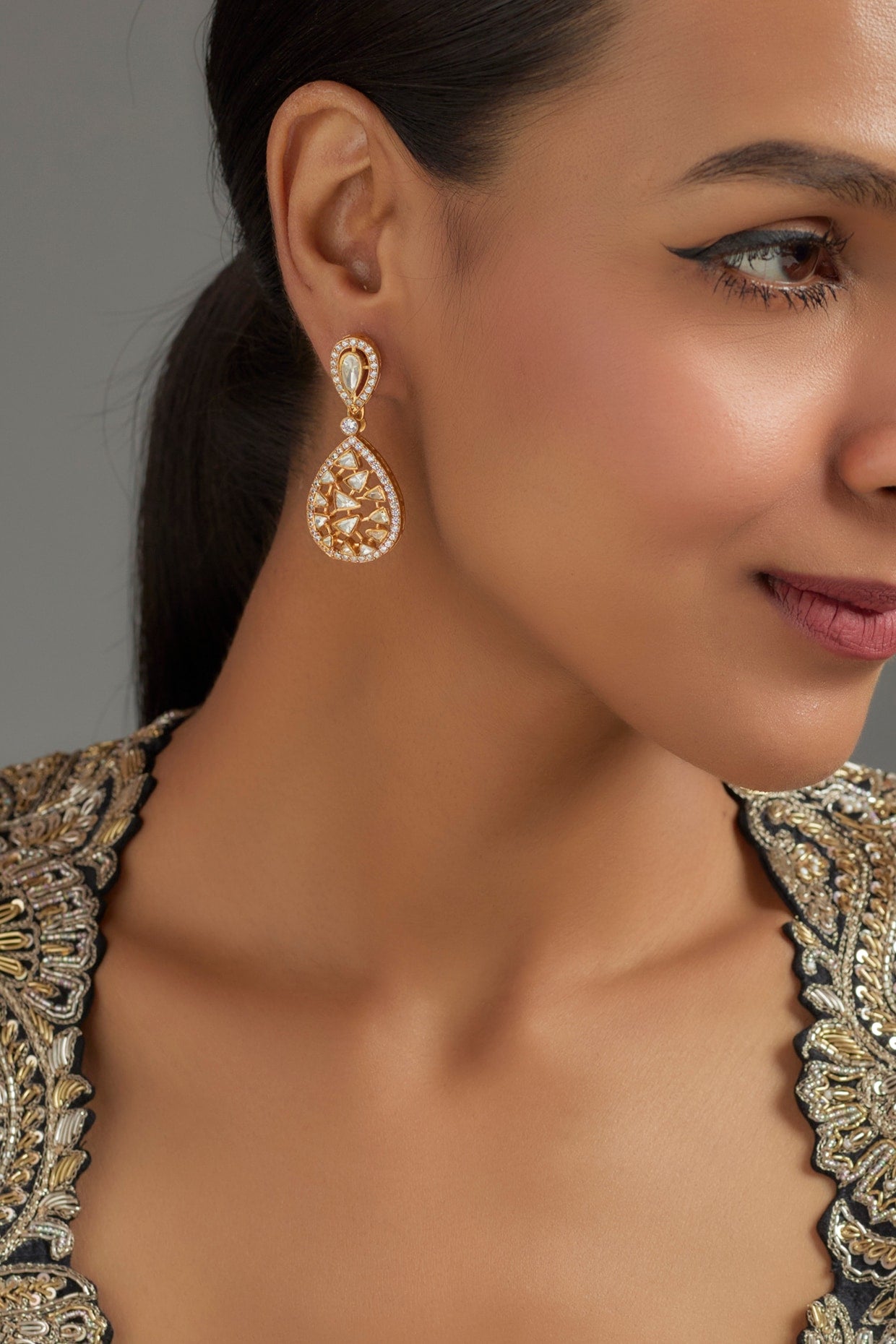 Gold Plated Moissanite Polki Dangler Earrings In Sterling Silver