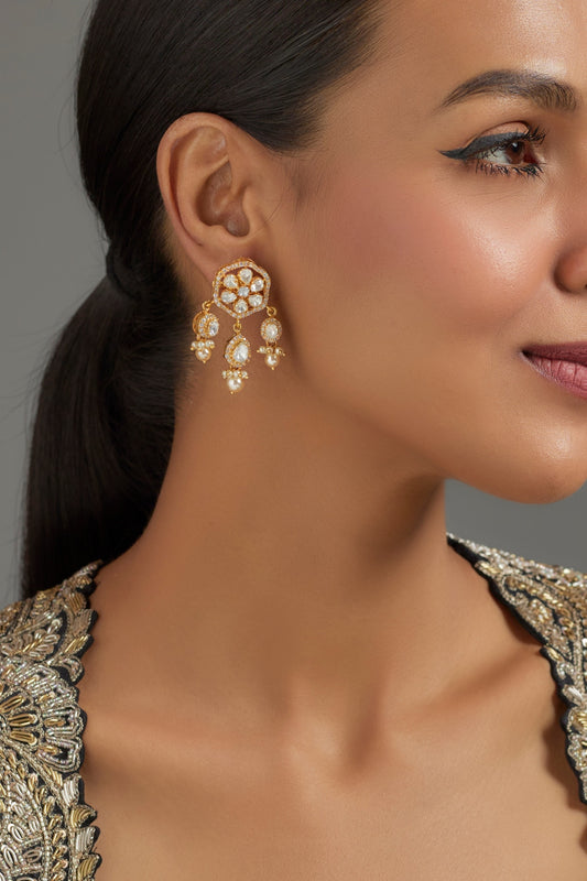 Gold Plated Moissanite Polki Dangler Earrings In Sterling Silver