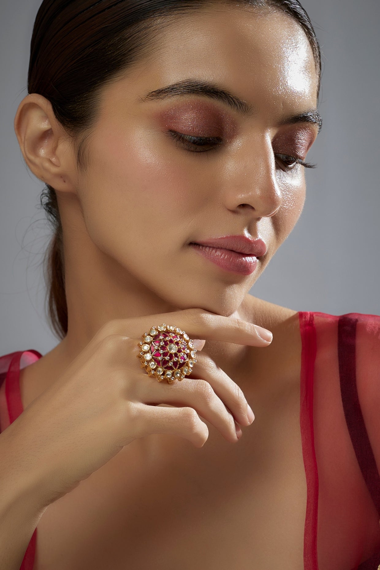 Gold Plated Red Kundan Polki Ring In Sterling Silver