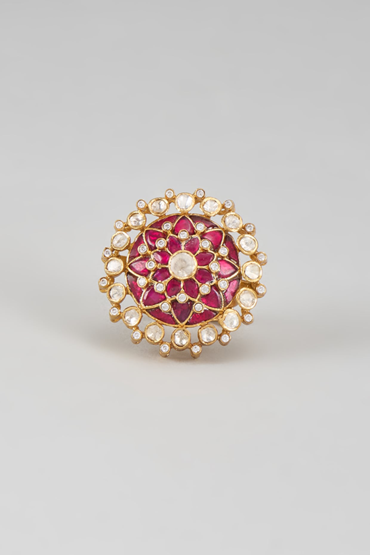 Gold Plated Red Kundan Polki Ring In Sterling Silver