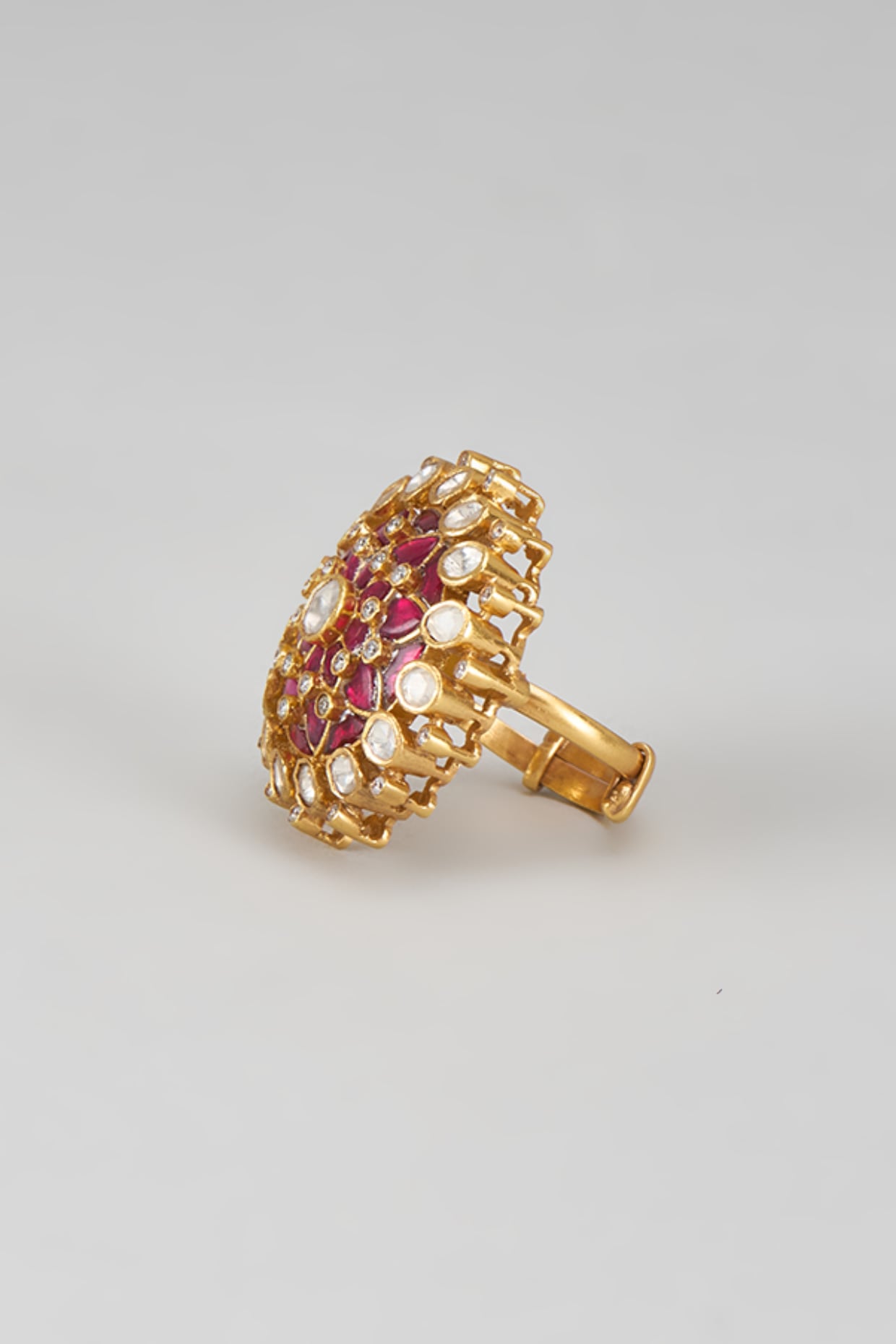 Gold Plated Red Kundan Polki Ring In Sterling Silver