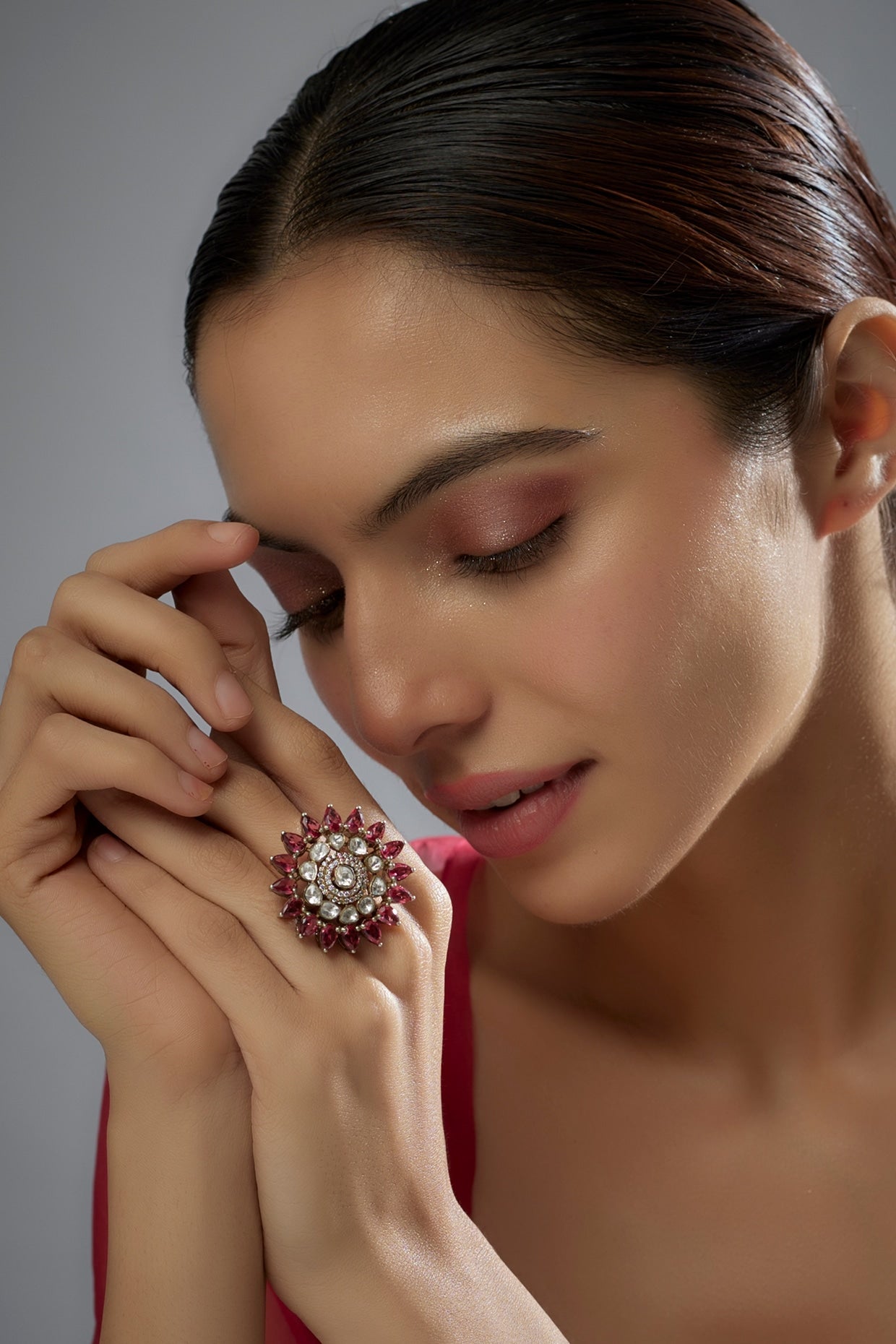 Gold Plated Red Kundan Polki Ring In Sterling Silver