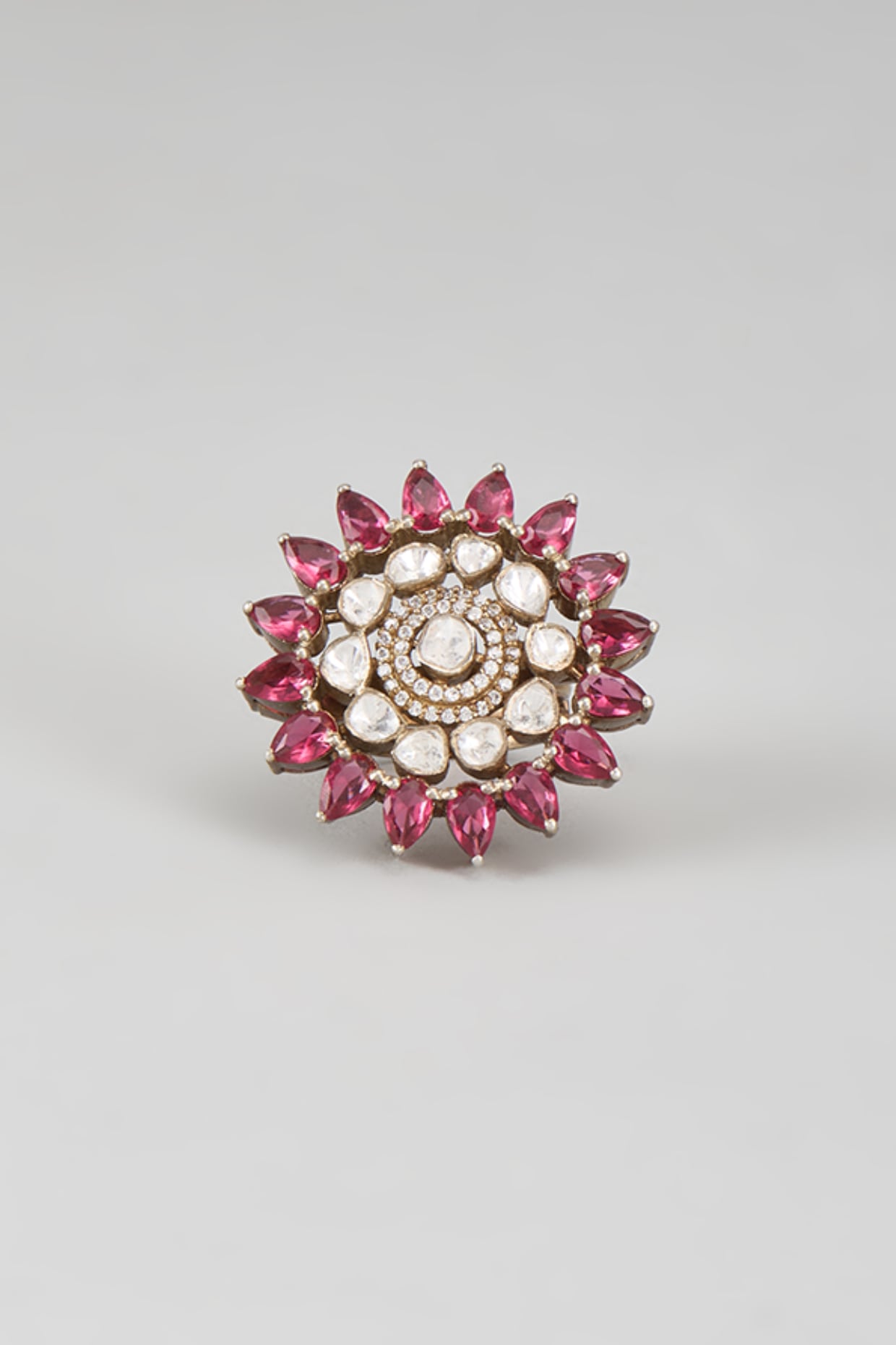 Gold Plated Red Kundan Polki Ring In Sterling Silver