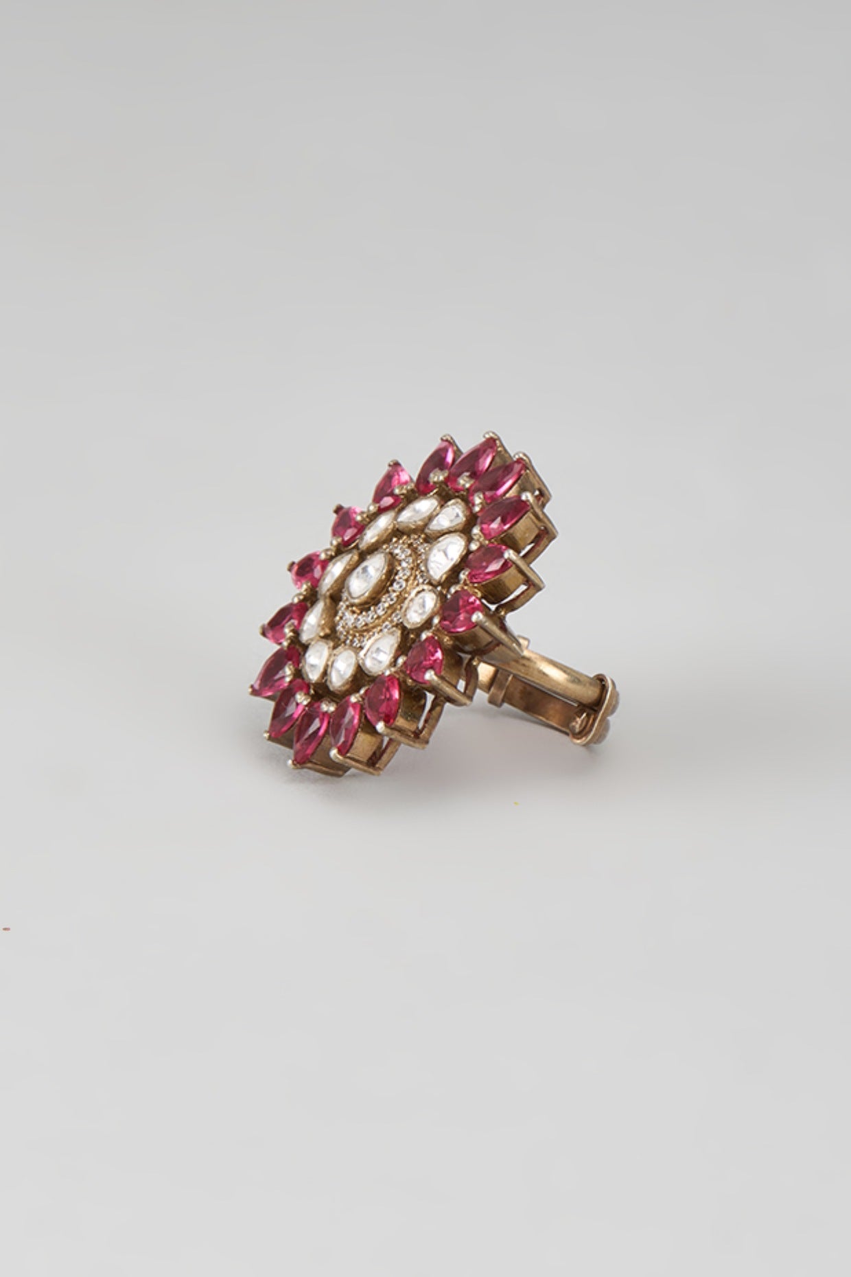 Gold Plated Red Kundan Polki Ring In Sterling Silver