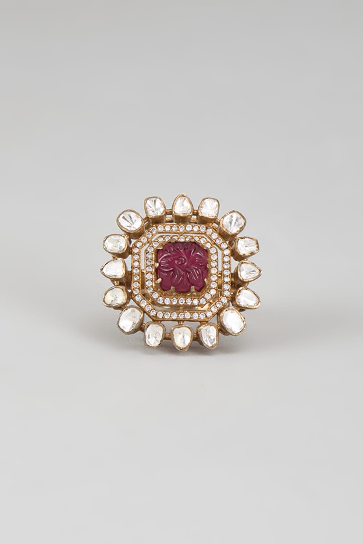 Gold Plated Red Kundan Polki Ring In Sterling Silver