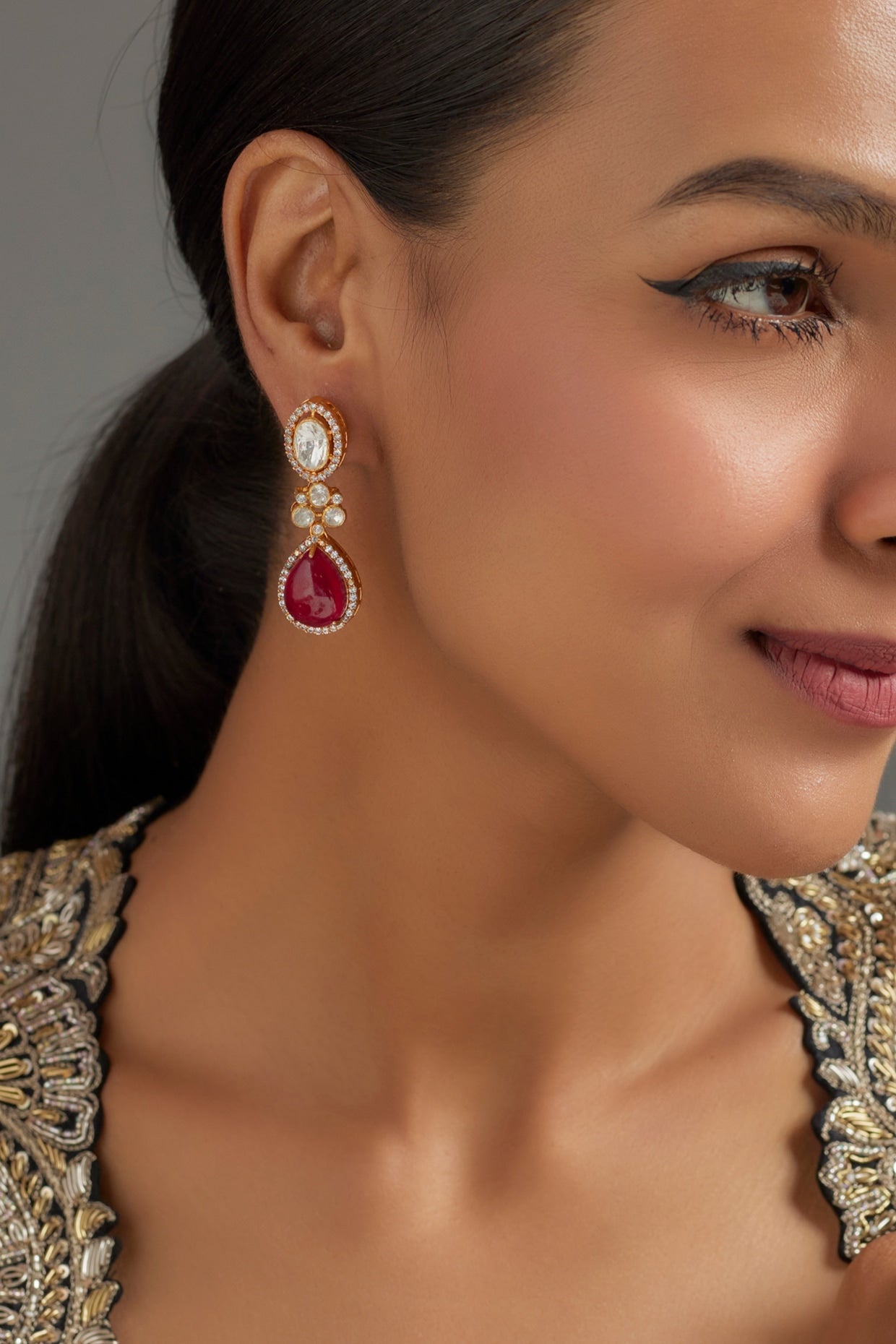 Gold Plated Red Kundan Polki Dangler Earrings In Sterling Silver