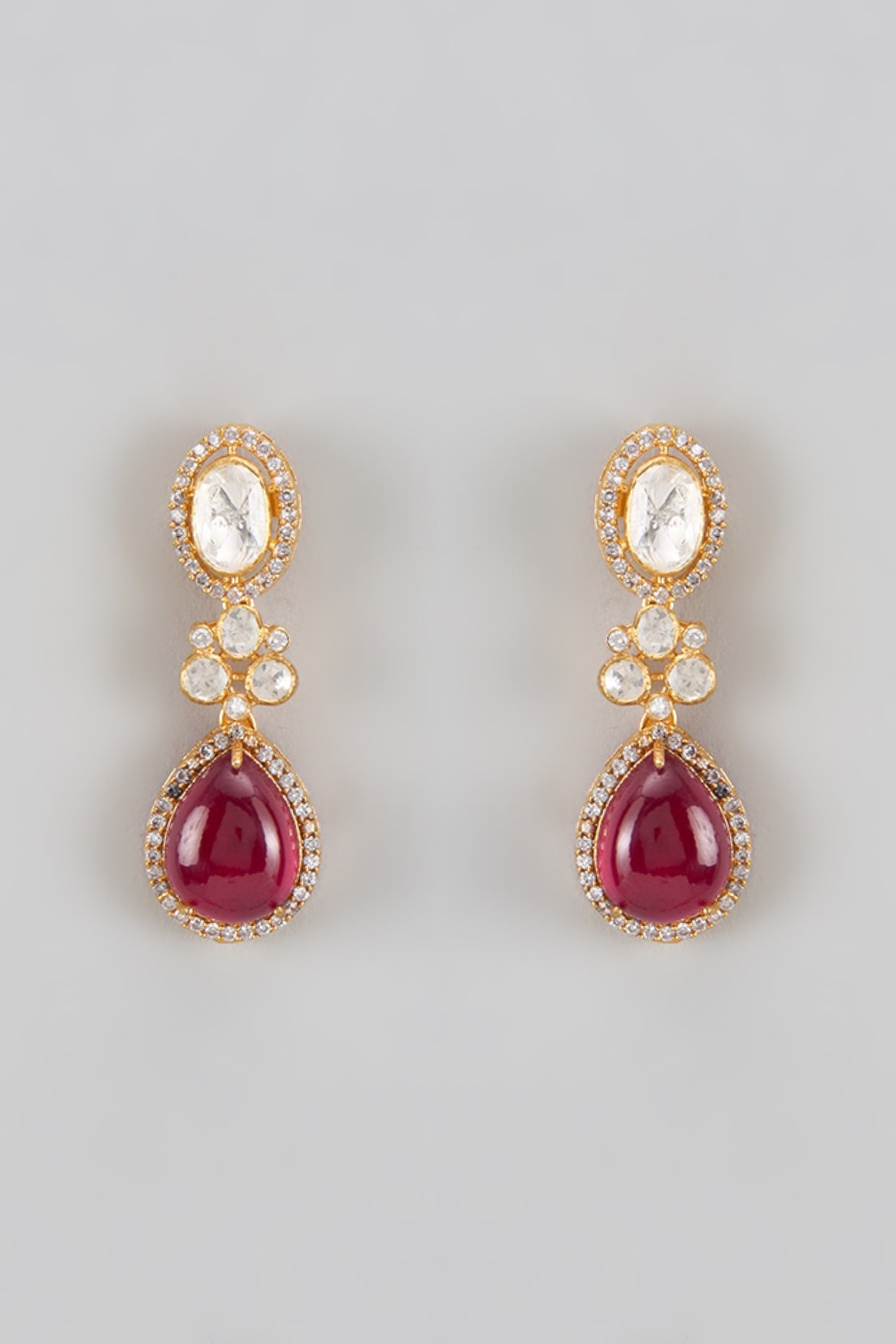 Gold Plated Red Kundan Polki Dangler Earrings In Sterling Silver