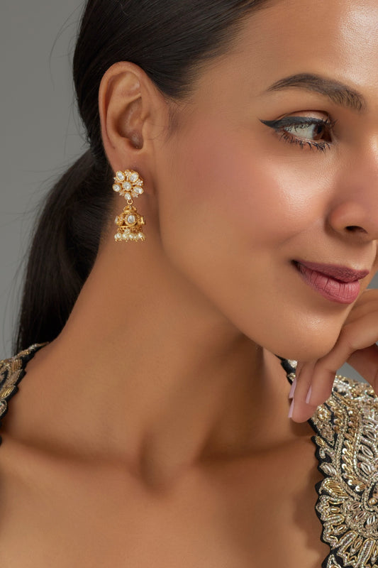 Gold Plated Kundan Polki Dangler Earrings In Sterling Silver